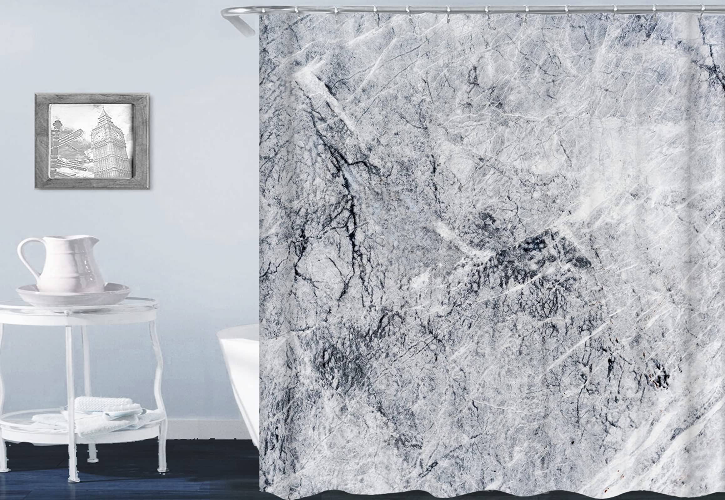 Rideau de douche imperméable gris 165x200cm motif marbre en tissu polyester avec anneaux inclus