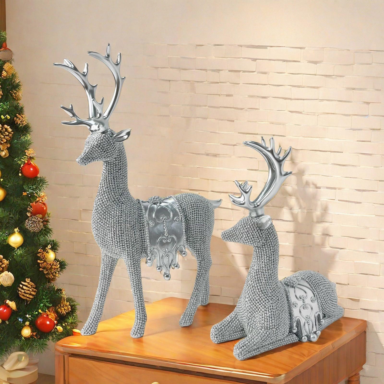 Juego de 2 figuras de renos en miniatura para festivales, figuras de ciervo de Navidad, adorno para mesa de temporada, estatua de reno