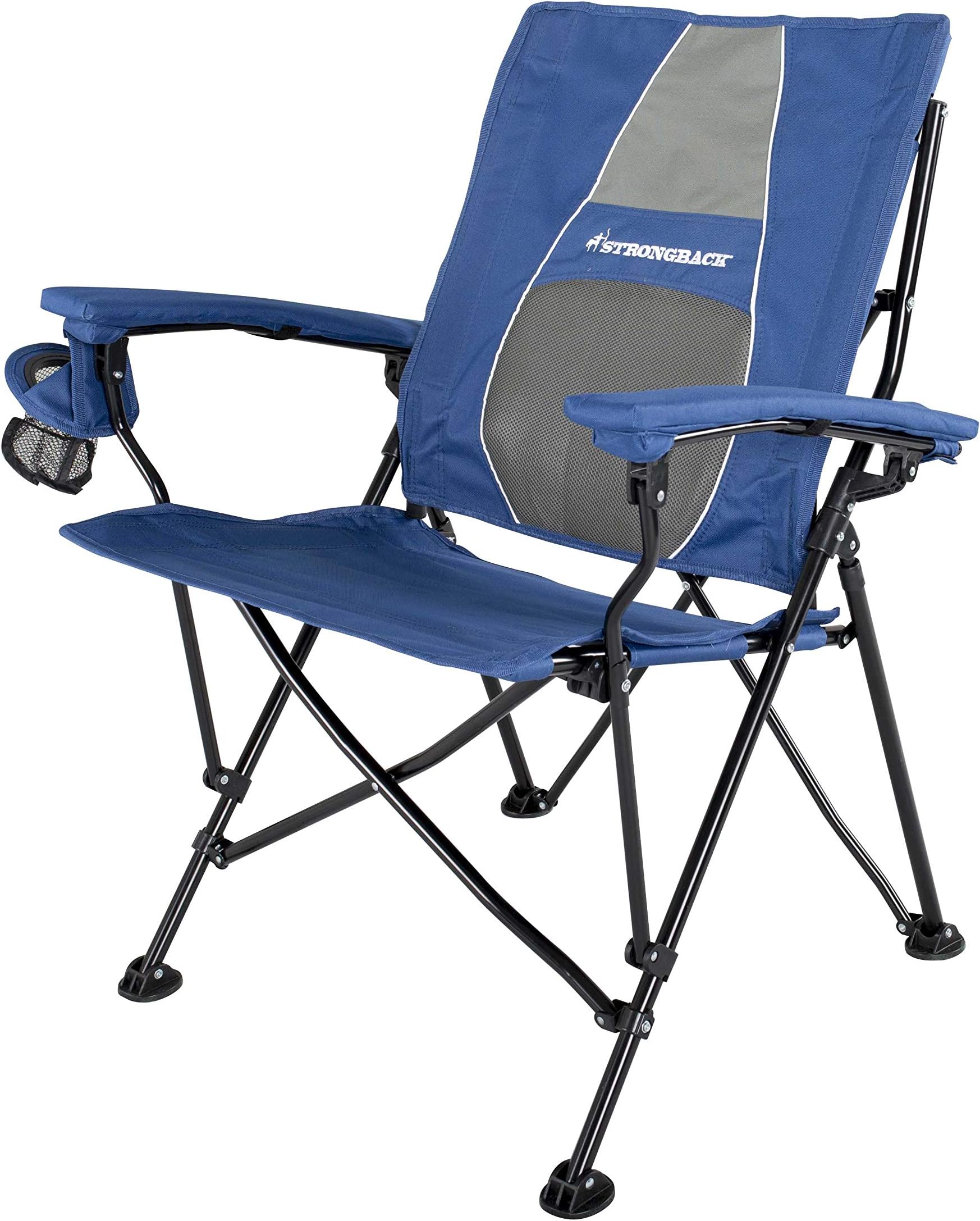 STRONGBACK Elite Navy Blue - Ergonomic Foldable Camping Chair with Lumbar Support, 60 cm-wide chair, armrests, drinks holder