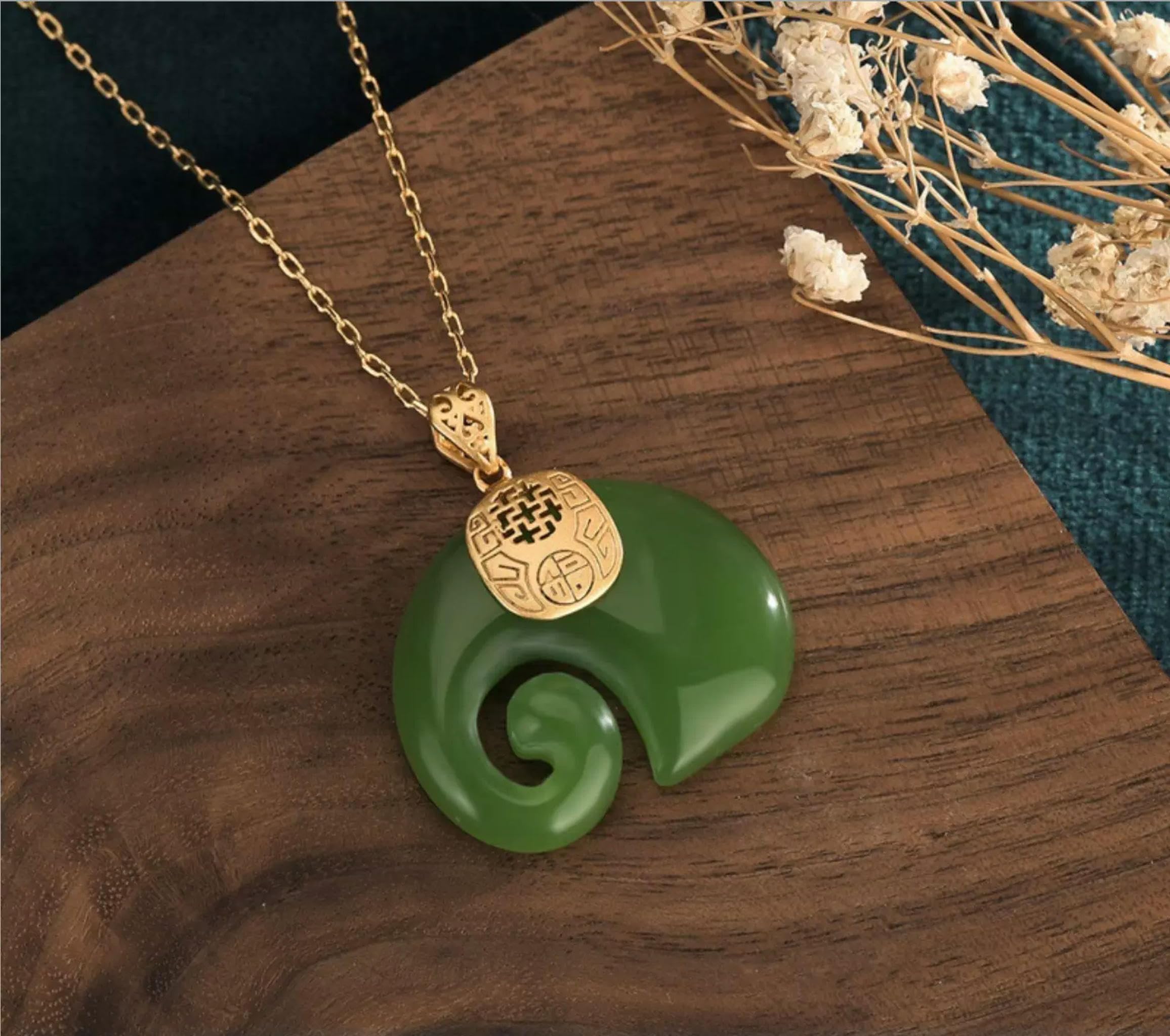 Collier Pendentif éléphant en Jade, chaîne plaquée Or 18 carats, Bijou rétro délicat