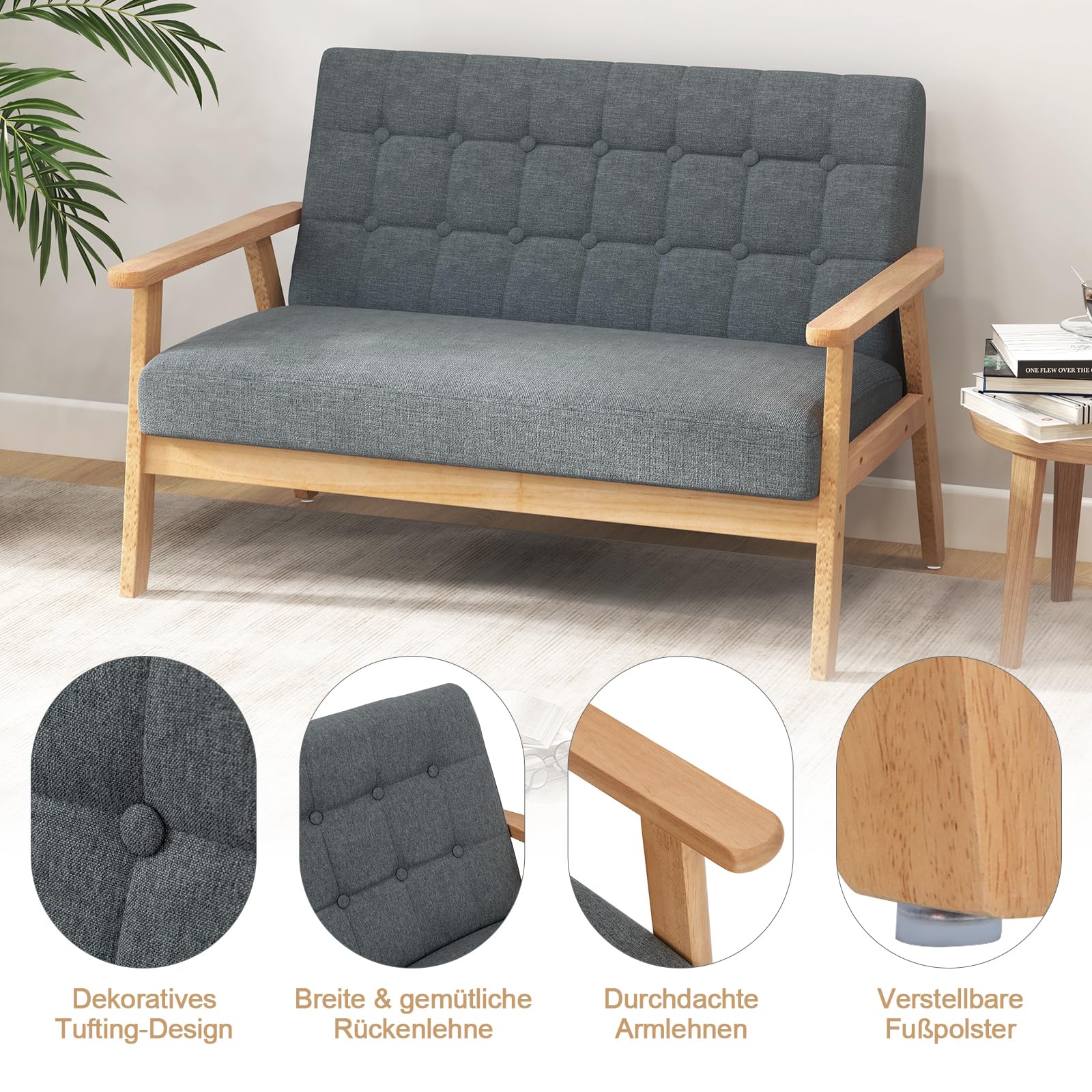 RELAX4LIFE 2 Sitzer Sofa, Polstersofa mit Massivholzrahmen Dickem Sitzkissen, Doppelsofa mit Rücklehne & Armlehnen, bis 250 kg belastbar, Gepolstertes Sofa für Wohnzimmer Schlafzimmer Büro