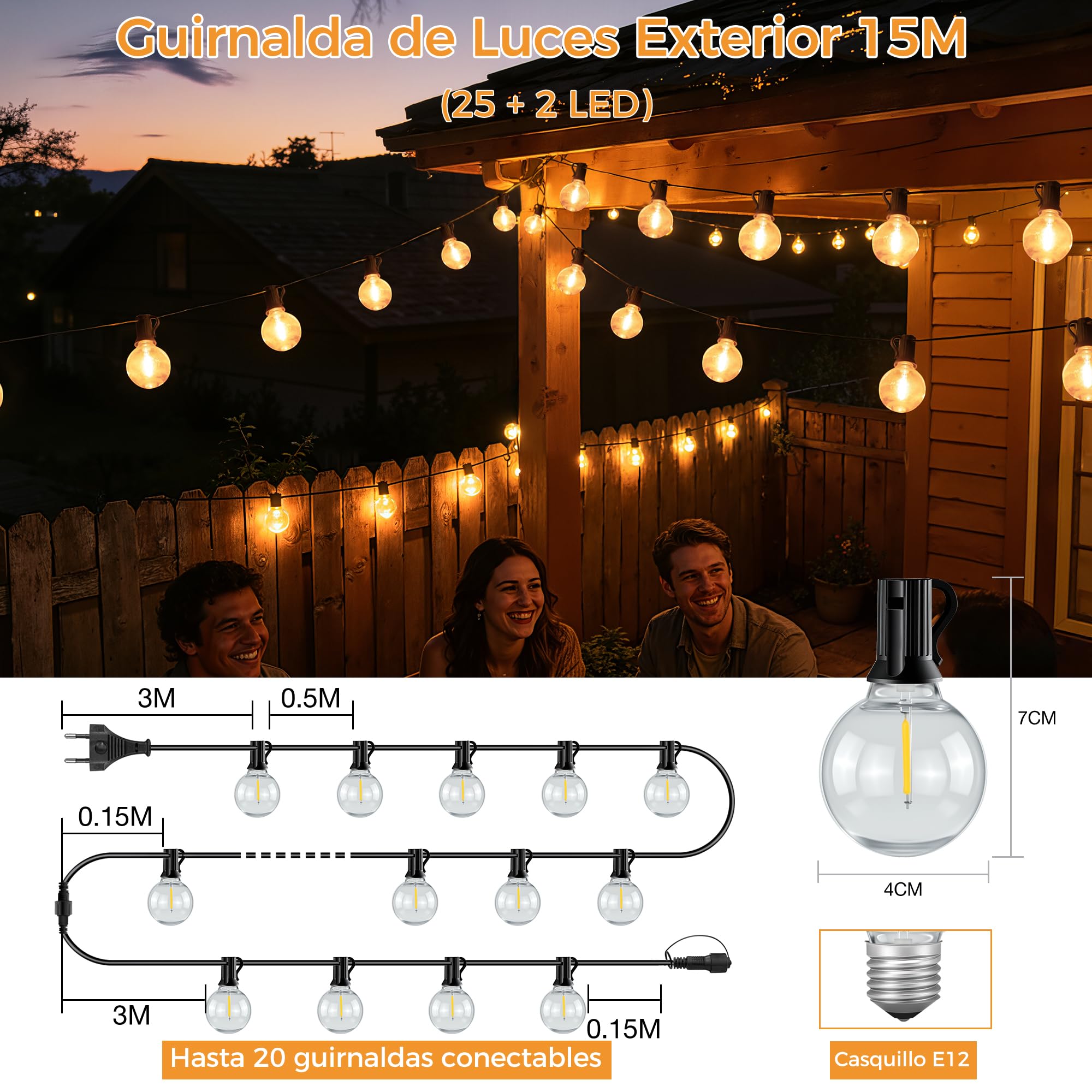 HeiPard Guirnalda Luces Exterior, 15M con 25+2 Bombillas, Luces Exterior Jardin Enchufables, Blanco Cálido 2200 K, Cadena de Luces IP45 Impermeable para Jardín, Terraza, Navidad, Fiesta