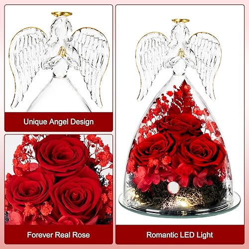 Miniatura 5 de Regalos para ella, figura de ángel de cristal con tres rosas, regalos de rosas reales preservadas para siempre, para mujeres, ángel guardián con