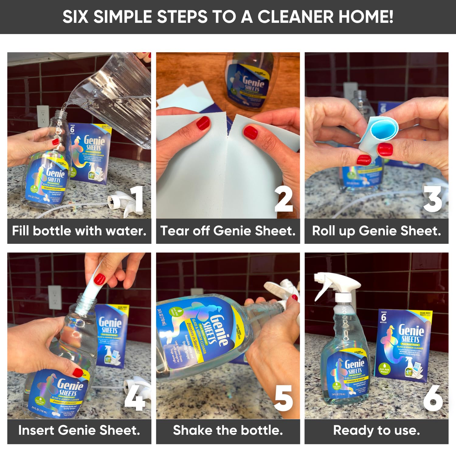 Genie Sheets Glass & Mirror Cleaner | Concentrate Makes 6 24oz Refills | Professional-Strength | Just Add Water | Sustainable Eco-Friendly Plant-Based Solution | 6 Sheets