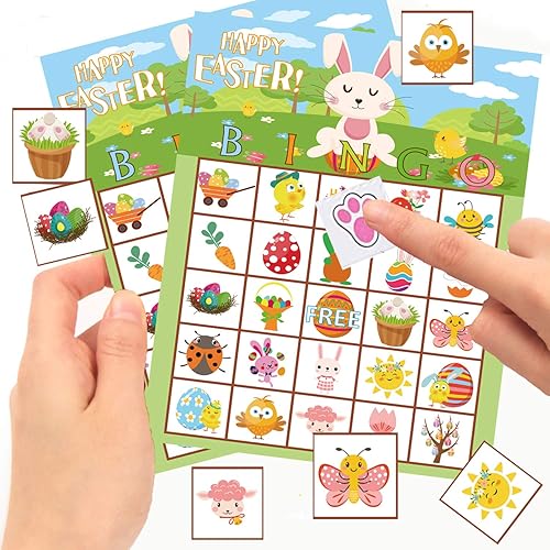 Vista 5 de Funnlot - Juego de bingo para fiesta de Pascua para niños, para 24 jugadores, suministros para fiestas de Pascua, actividades para el aula
