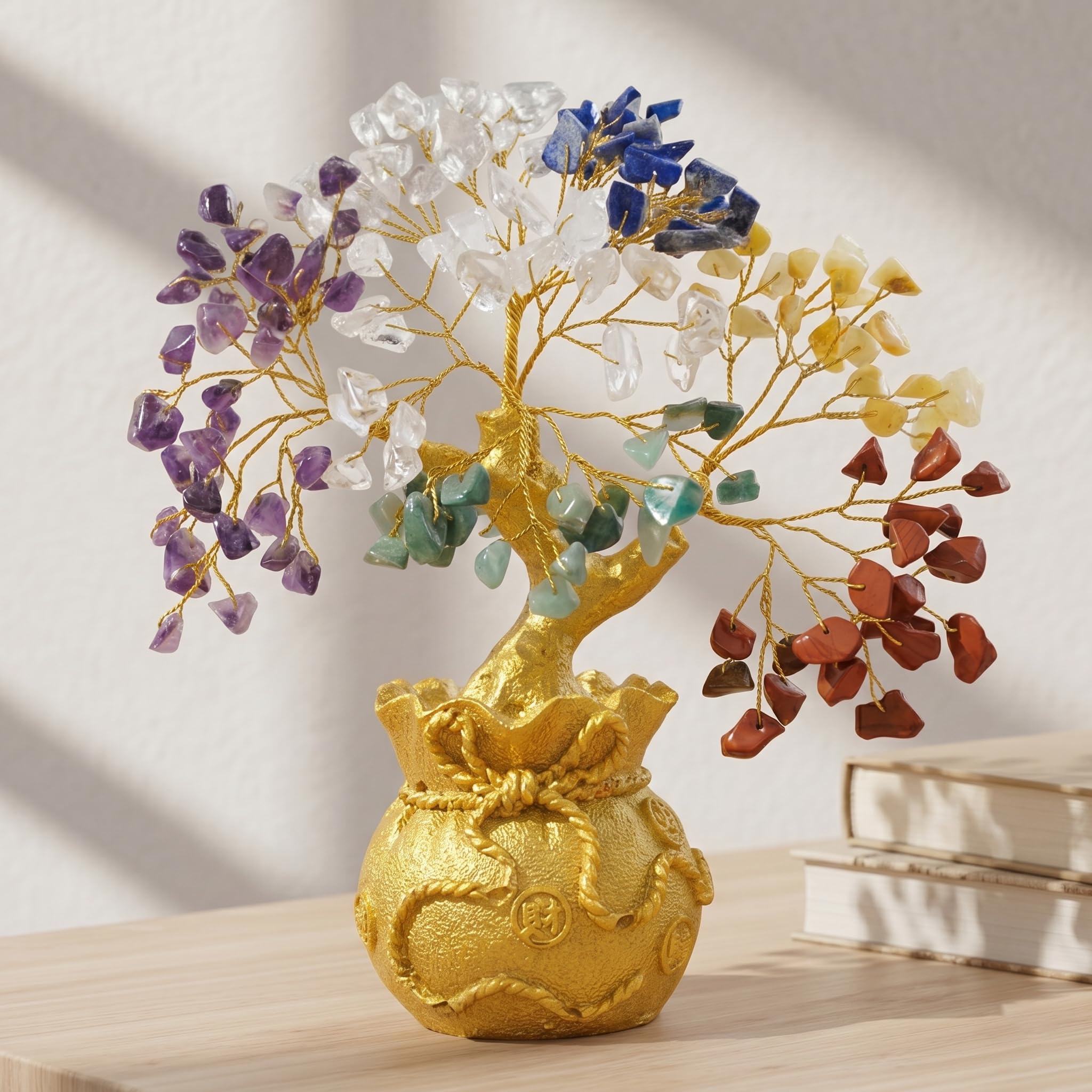 Fourteen Crystals Seven Chakra Crystal Bonsai Tree with Golden Pot| Handmade Feng Shui Tree for Love, Harmony & Healing | Home Decorative Item - Showpiece Good Luck Gift