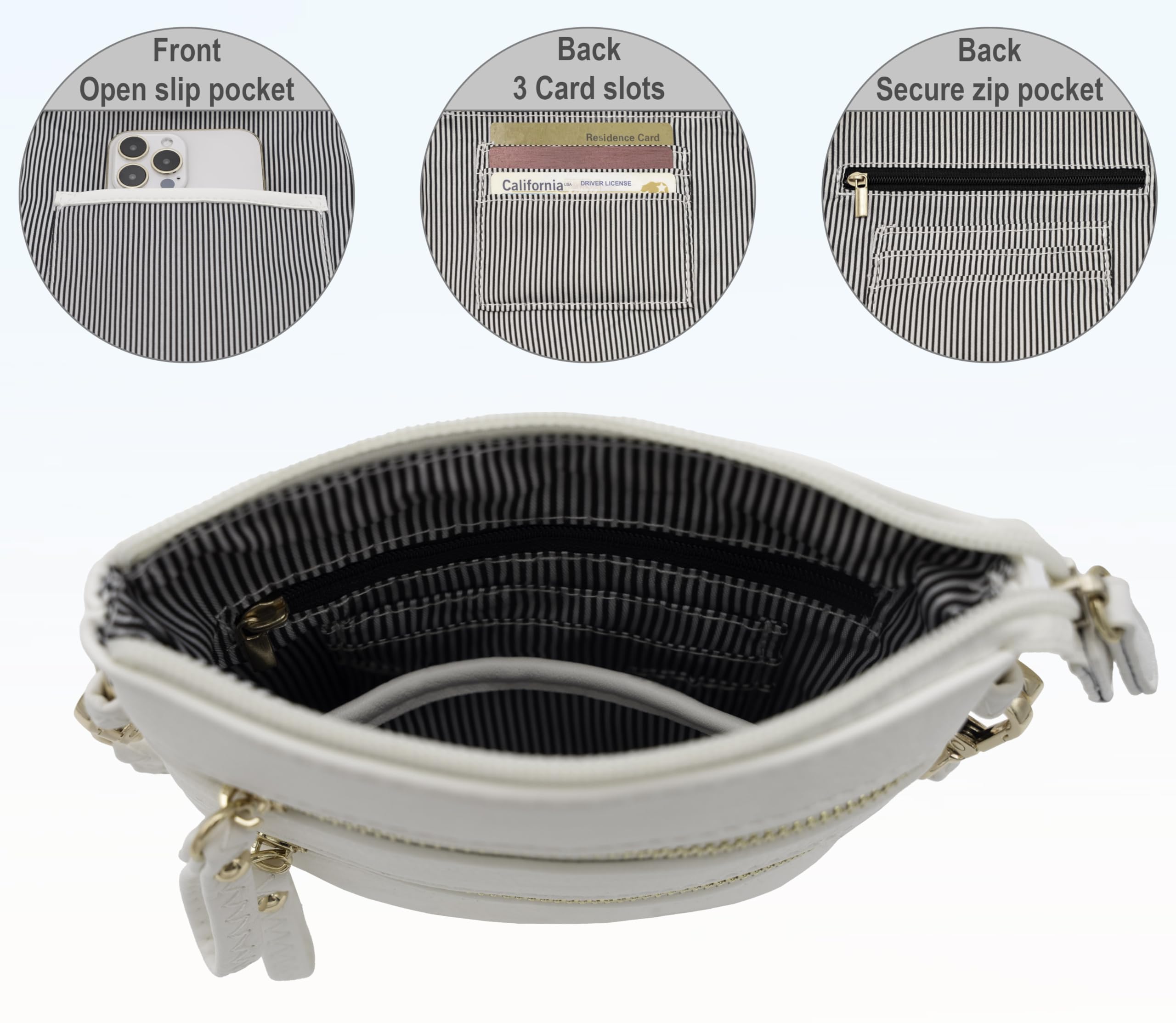 Bolso cruzado para mujer, múltiples bolsillos con cremallera y correa de muñeca desmontable, bolso de viaje ligero, monedero para teléfono celular, Blanco 6