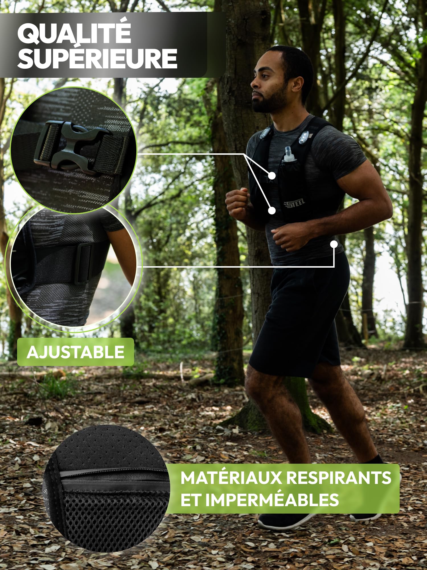 Gilet Running d'hydratation Réfléchissant LED Recheargeable, Porte-Bouteille d'eau, Ajustable, Gilet léger, Gourde d'hydratation de 500 ML pour randonnée, Trail