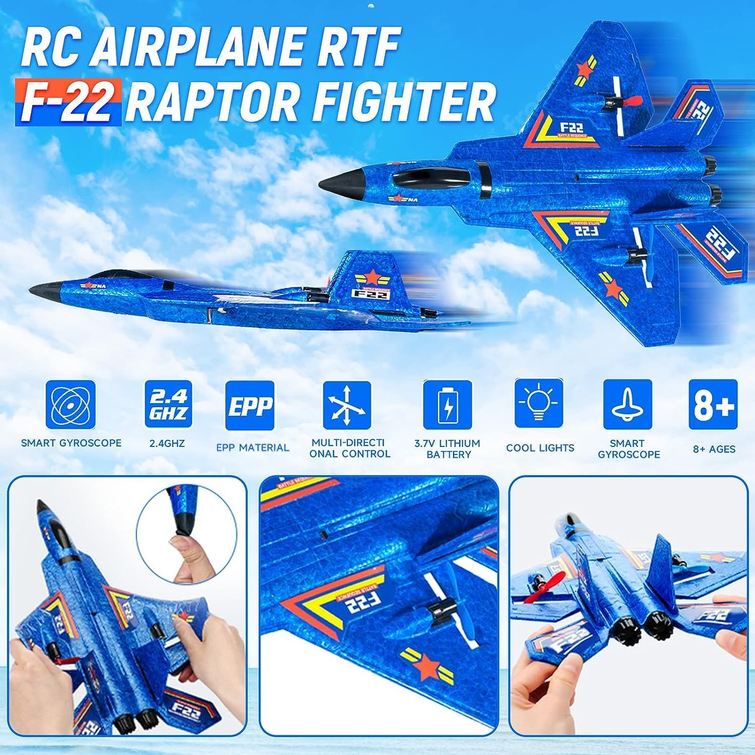 Avión Teledirigido F22 DEERC De 2 Canales – Combate RC Con Giroscopio De 6 Ejes, Luces LED, Espuma EPP Resistente, 2 Baterías, Alcance 152 M, Para Niños Y Principiantes