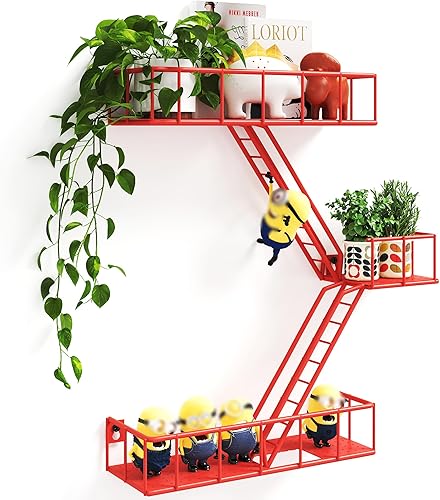 Estante de pared de escalera de escape de incendios de metal, estantes de pared de escape de incendios rojos de 3 niveles con cestas, estante de Estante de pared de escalera de escape de incendios de metal, estantes de pared de escape de incendios rojos de 3 niveles con cestas, estante de