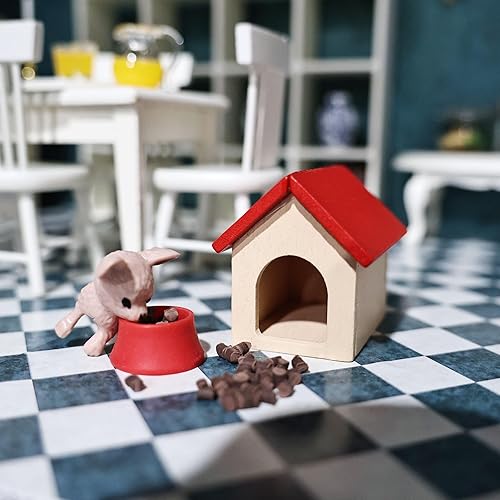 Miniatura 9 de Casa de perro en miniatura, cuenco para perros, comida para perros, juego de 3 piezas para mascotas, escala 112, accesorios de muebles de casa de