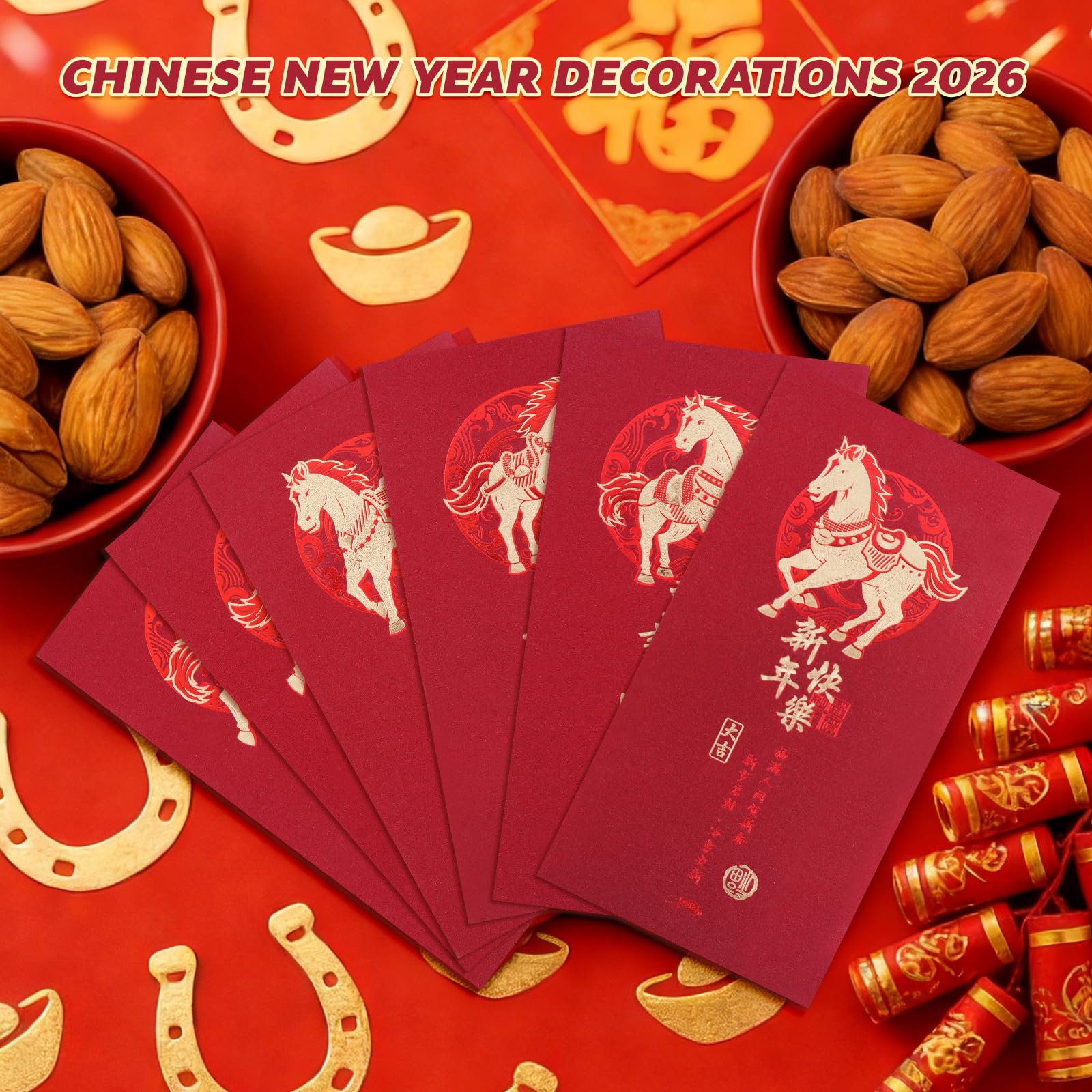 Briefumschläge 2026 Jahr des Pferdes Rot, 6 Stück mit goldfarbenen geprägten Mustern – Mondneujahr Hongbao für Segen, chinesisches Neujahrsgeschenk, Partydekorationen und Zubehör