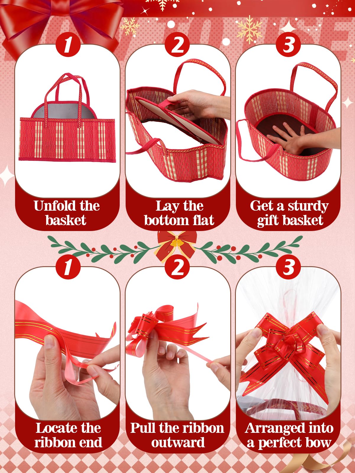 MADHOLLY Gewebte Bambuskörbe für Geschenke, leer – faltbares, stabiles Geschenkkorb-Set zum Verpacken mit Griff, Zellophanfolie, Zugschleifen, für Halloween, Erntedankfest, Einweihung, Geburtstag