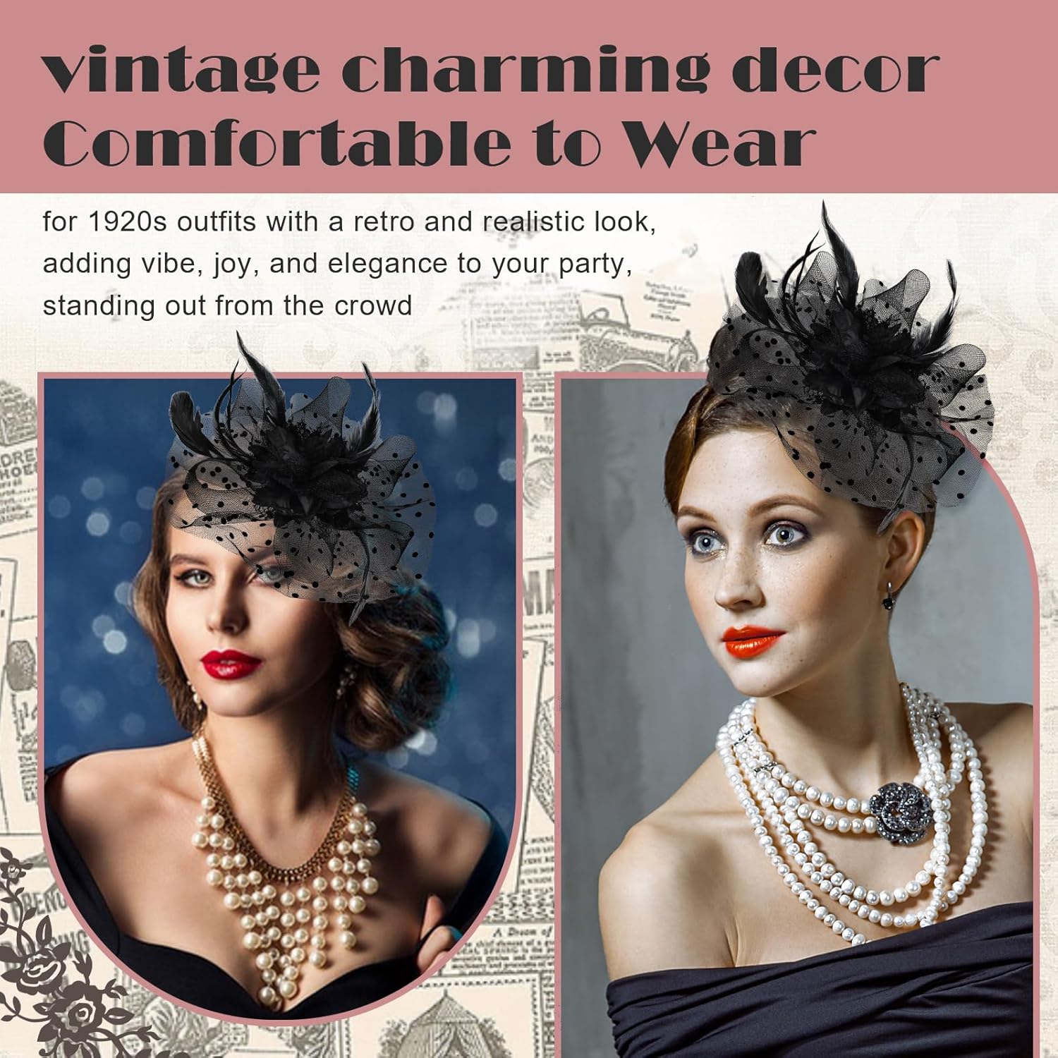 2 Pcs Fascinators Hat for Women Headband Tea Party with Lace Glove 50s Vintage Hat Wedding Feather Veil Hair Clip - Image 4