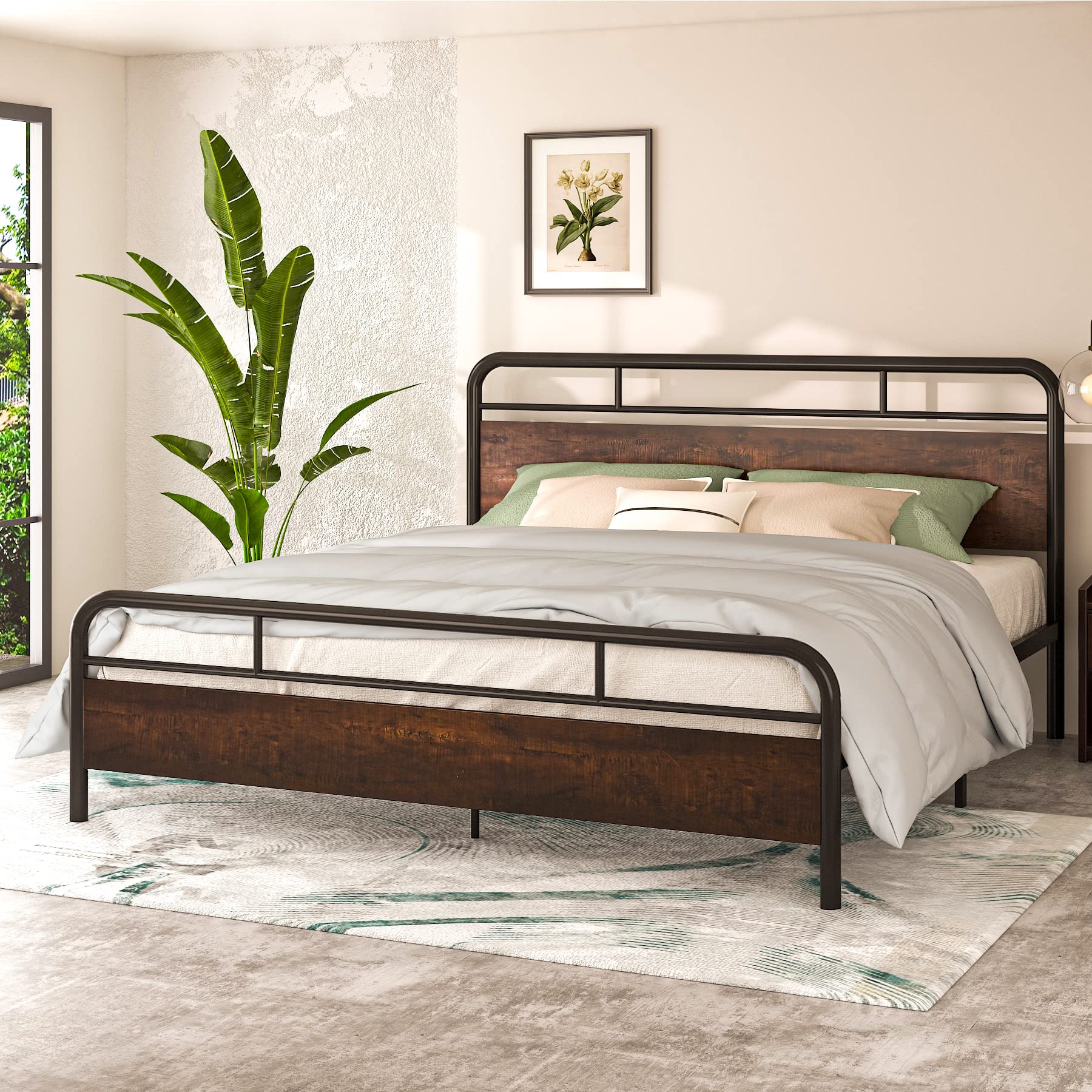 IMUsee King Bed Frame with Industrial Wood Headboard / 12