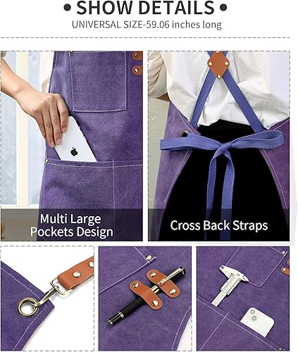 Miniatura 28 de Delantal de lona de algodón con espalda cruzada para hombres y mujeres, delantal de chef con correa ajustable y bolsillos grandes, delantal de Gris