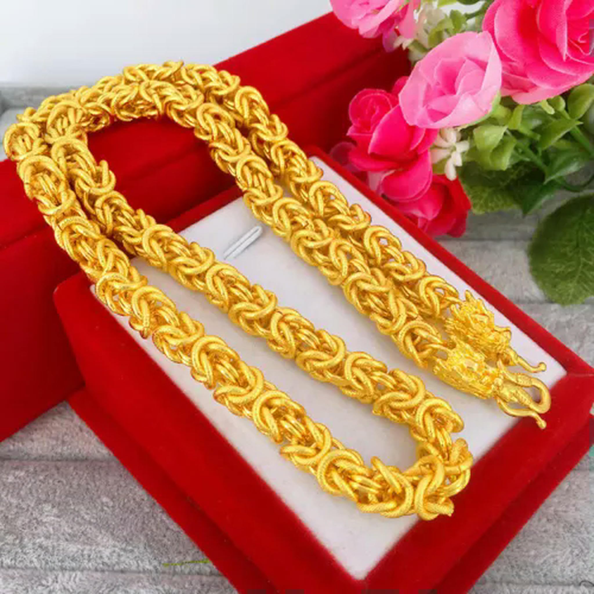 Collier et Bracelet pour Homme plaqué Or Jaune 24 carats avec Deux têtes de Dragon