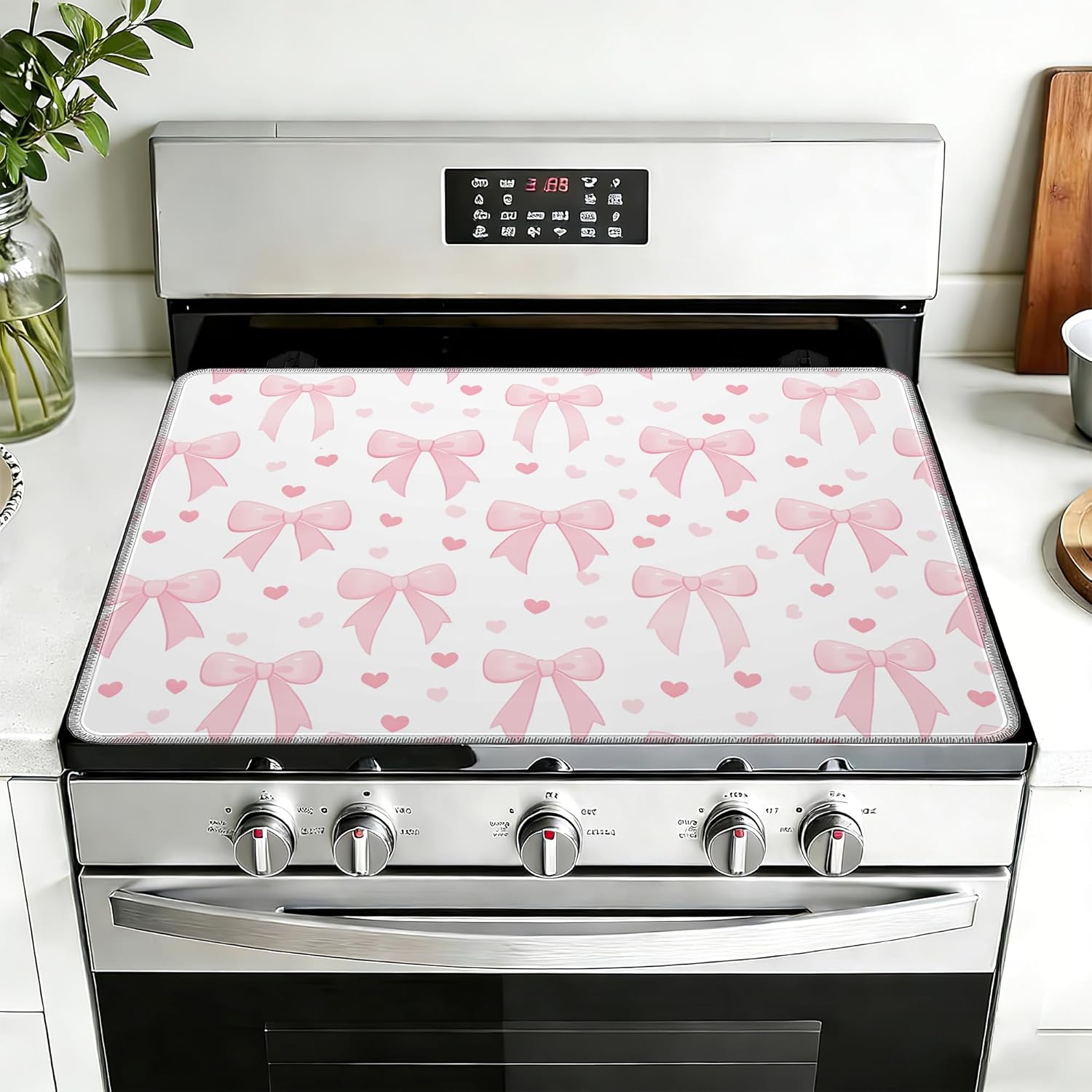 Electric Stove Top Protector Cover,Pink Bow Thick Rubber Dish Drying Mat for Glass Stove Heat Resistant Kitchen Flat Electric Stove Top Covers 28.5×20.5in