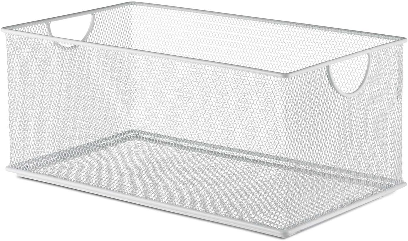 Design Ideas Mesh Stacking Bin, 8" x 14" x 6" Metal Shelving Storage Container Organizer, White