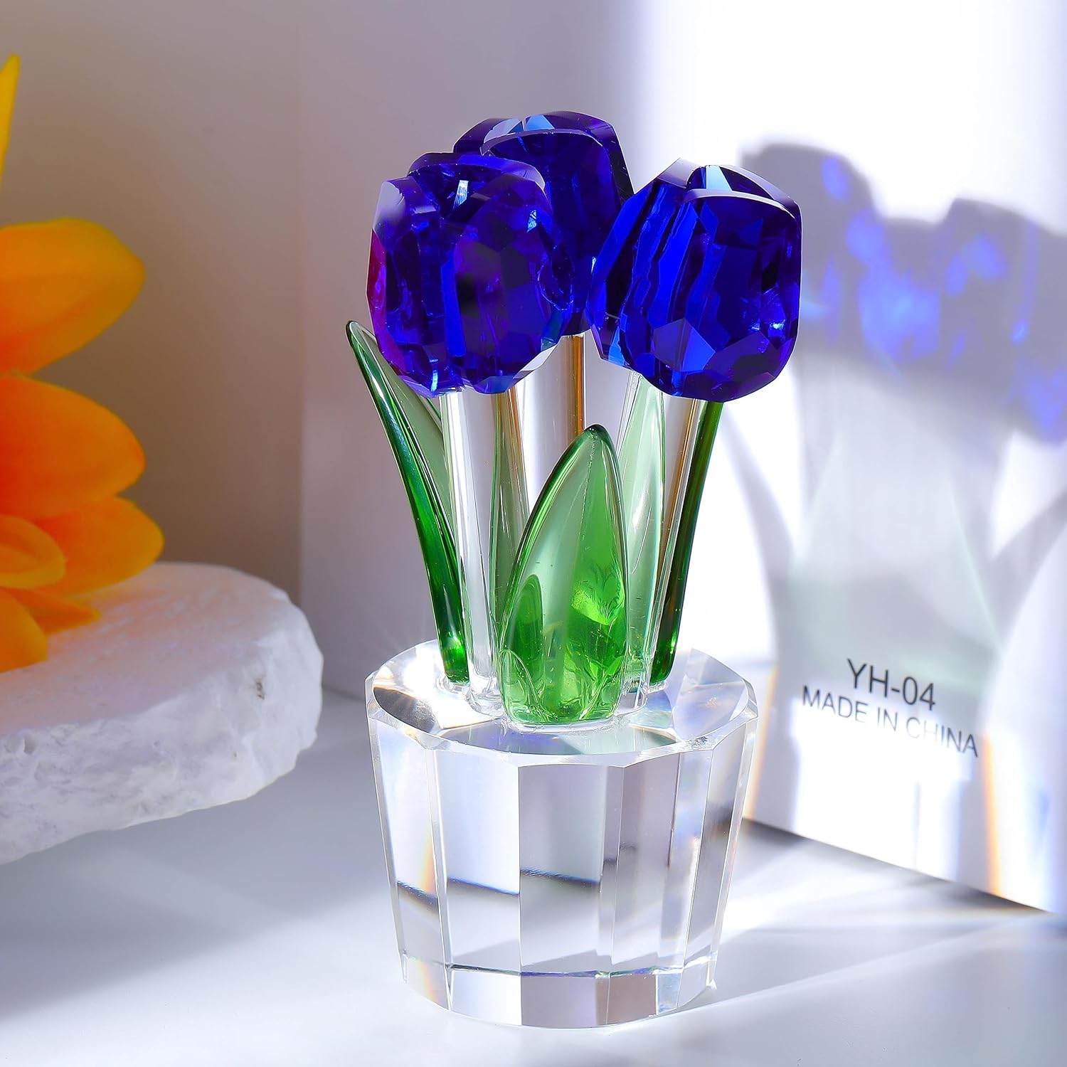 Qianwei Crystal Tulips Flowers Figurine Blue with Vase - Glass Flower Bouquet Collectible Figurines Crystal Office Home Decor Paperweight - Tulip Gifts for Women Mom Bestfriend Wedding Anniversary - Image 2