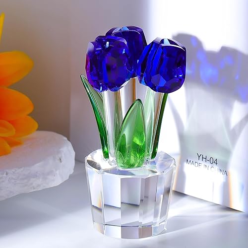 Miniatura 2 de Qianwei Figura de flores de tulipanes de cristal azul con jarrón  Ramo de flores de cristal, figuras coleccionables, decoración de cristal para