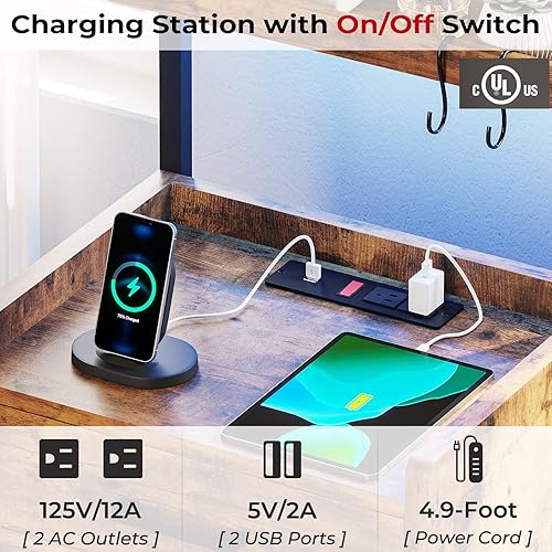 Miniatura 6 de AOGLLATI Mesita de noche con luces LED y estación de carga, 2 cajones para dormitorio, 2 puertos USB, 2 tomacorrientes, mesa auxiliar de cama con