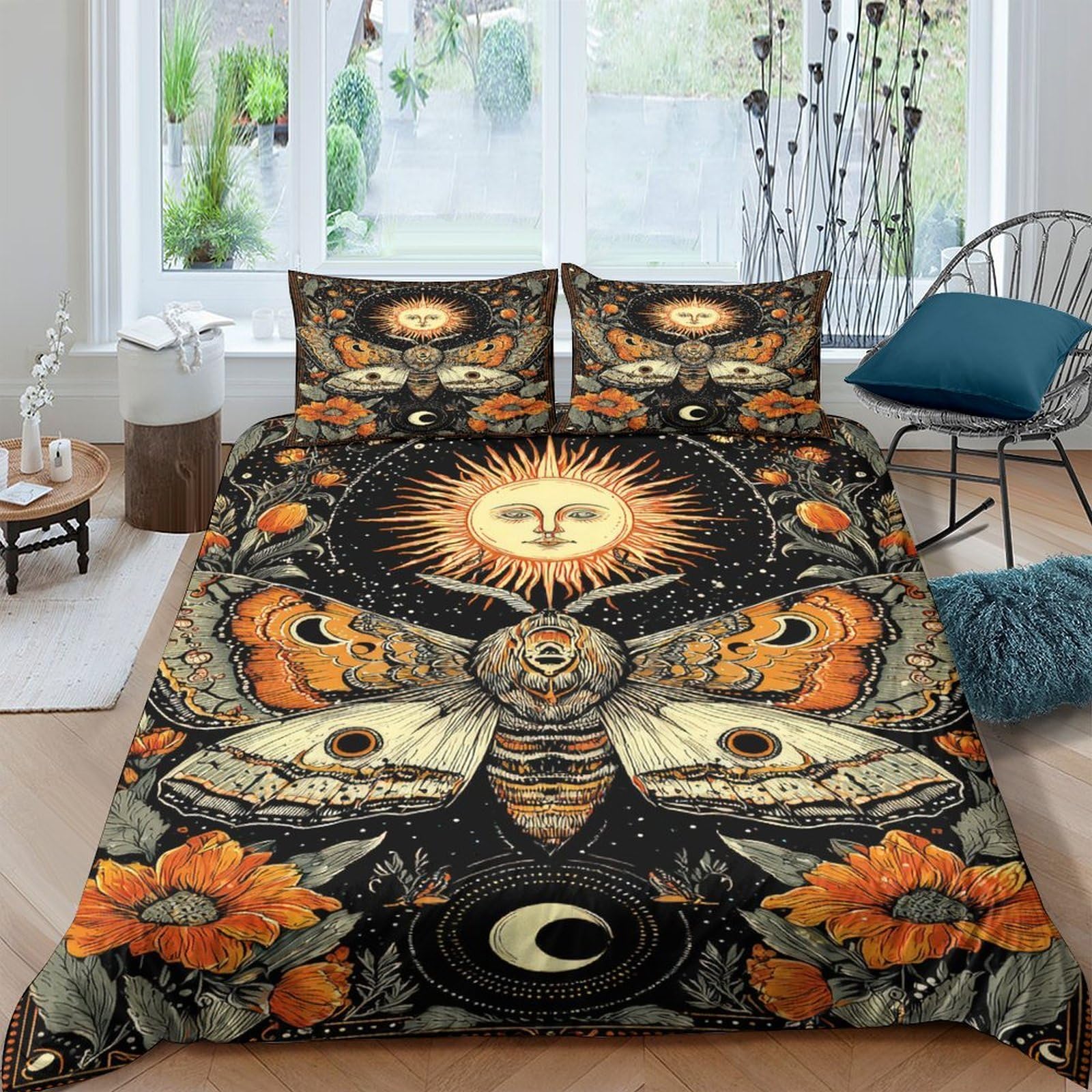 GPLZQXKJNH 3D Printed Moth Mandala Duvet Cover Set Microfiber Soft Breathable Orange Floral Bedding Set with 2 Pillowcases for Bedroom Decor Single（135x200cm）