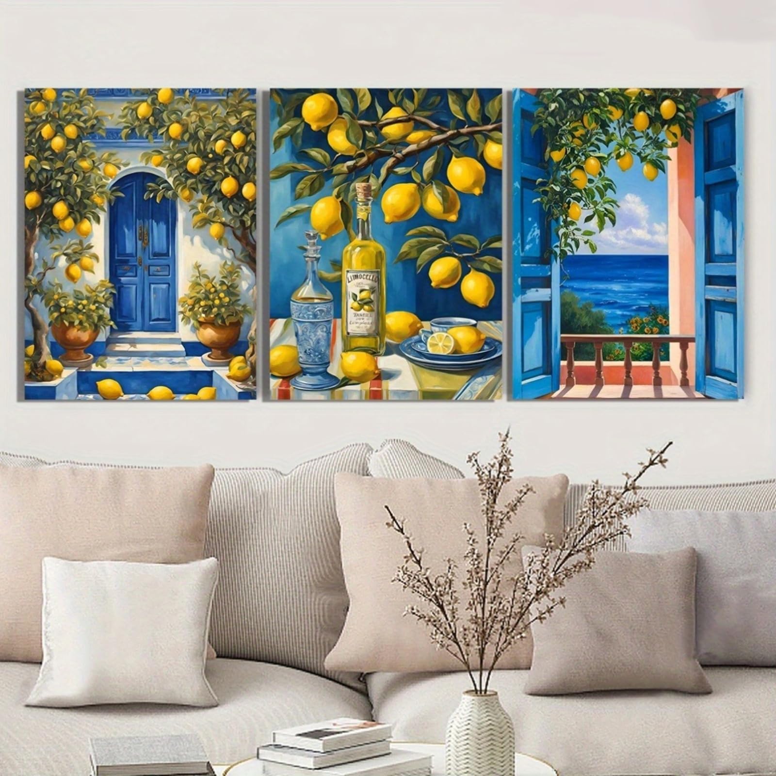 ZBELLO Set of 3 Posters, Mediterranean Lemon Canvas Wall Art, Frameless Colorful Prints for Kitchen Dining Room Coastal Home Decor (21 x 30 cm (unframed))