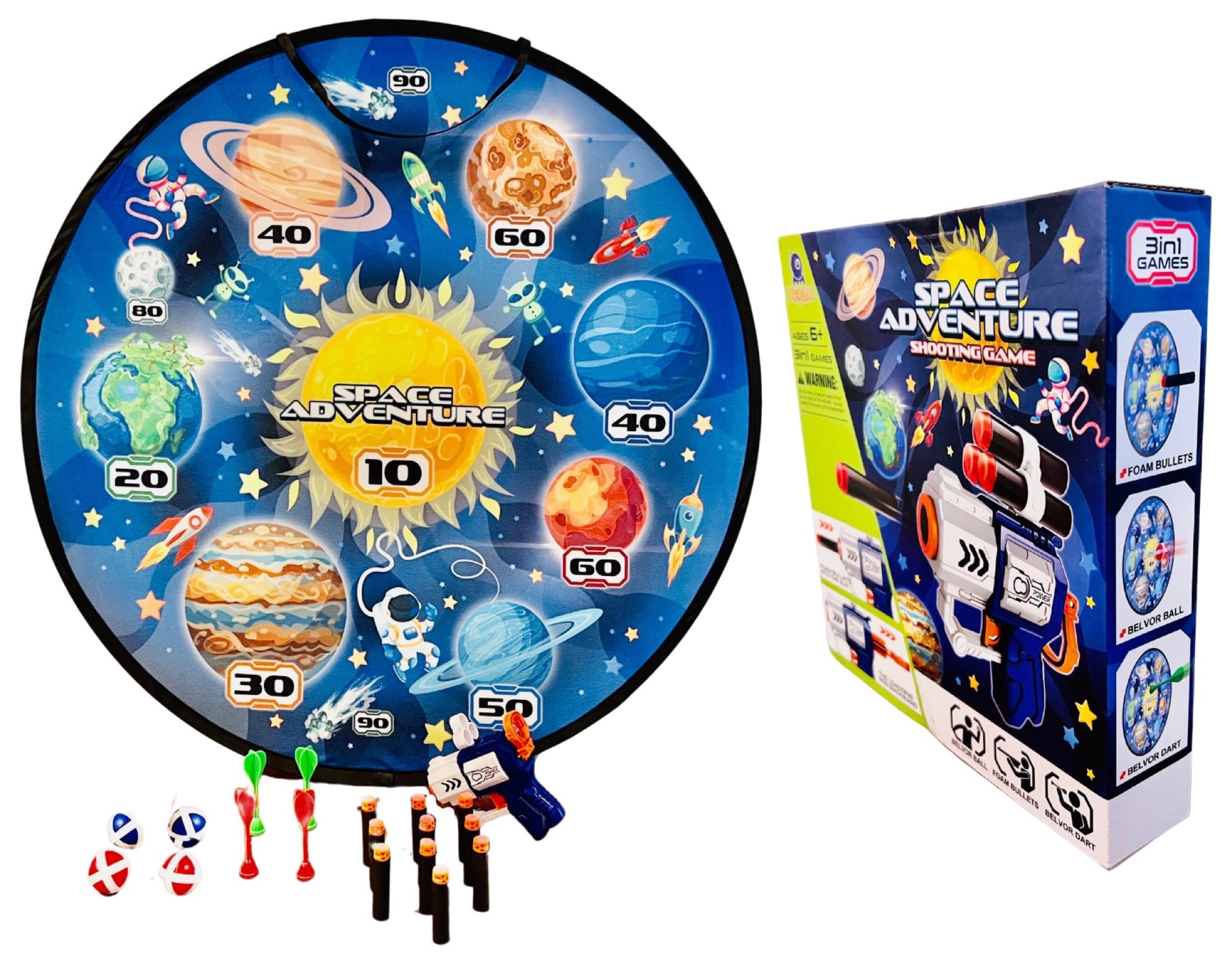 Kids Dart Game Set – 29" Wall Hanging Target with 22 Pieces, Including Foam Bullets, Plastic Darts, Belvor Balls, and Compact Gun – Ideal for Boys and Girls