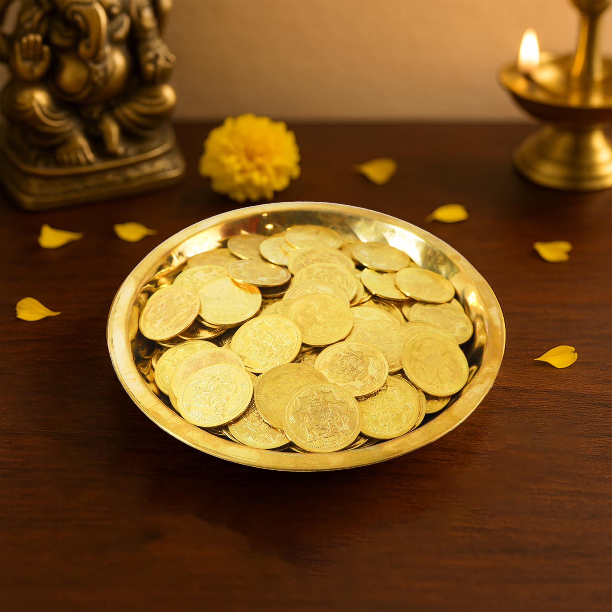 Putrika Brass Plate with 11 Kuber Coins for Pooja|Puja Lakshmi Kubera Coin Set for Wealth|Prosperity & Vastu | Diwali Pooja Items for Mandir, Home Temple|Office&Gift Décor-Bobby Plate with 11 Coins 4