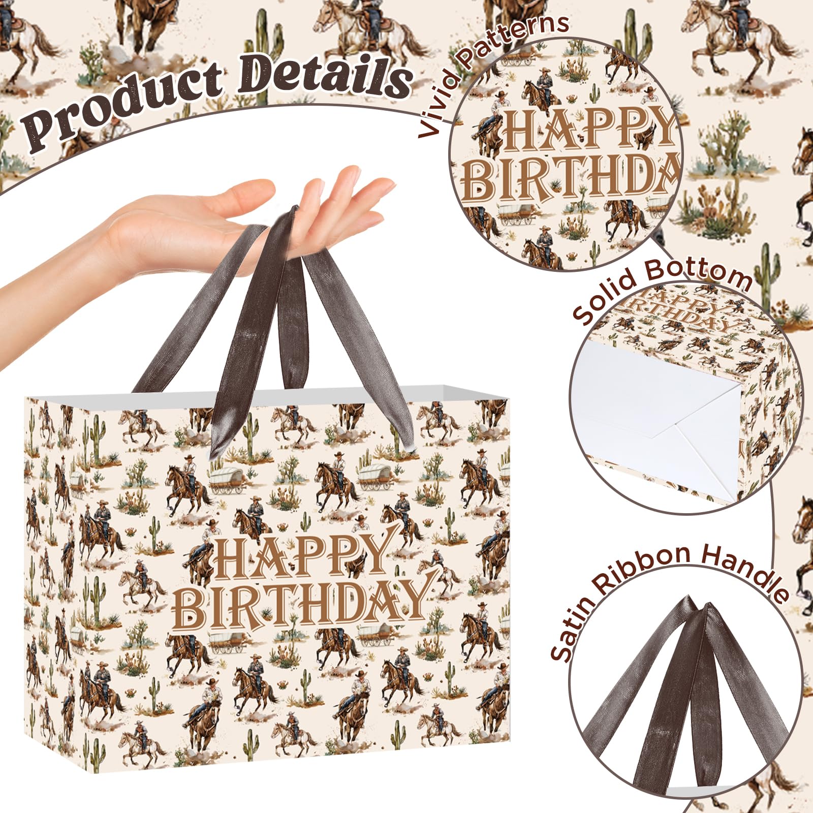 Woosytoo Cowboy Birthday Gift Bag Western Rodeo Happy Birthday Wrapping Bag with Greeting Card and Tissue Paper Wild West Horse Treat Candy Bag for Boys Men Bday Western Theme Party Supplies