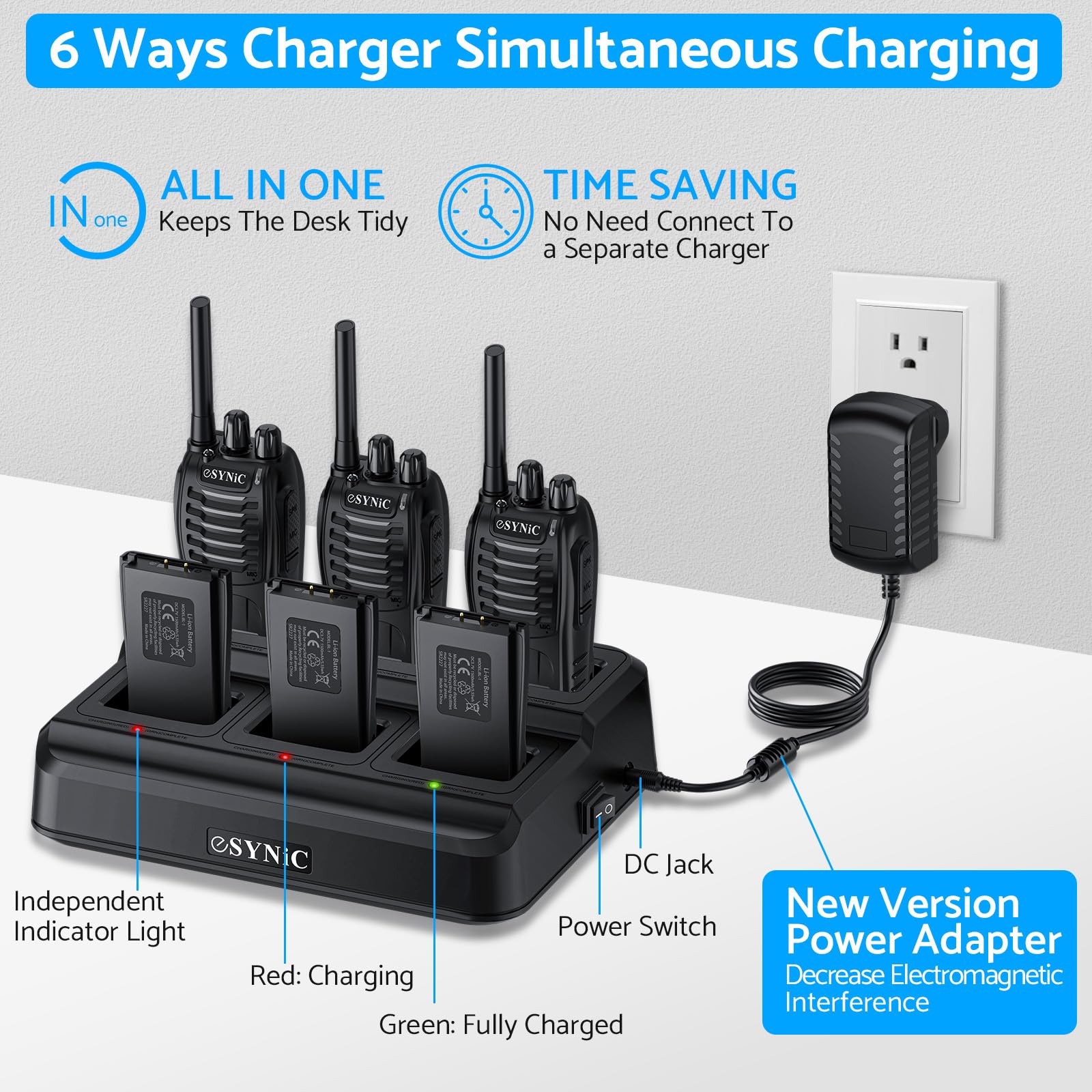 eSynic 6Pcs Walkie Talkies de Larga Distancia con Auriculares Walkie-Talkie Profesional 16 Canales 1500mAh con Cargador USB Soporta VOX para Sobrevivir en el Campo Ciclisimo
