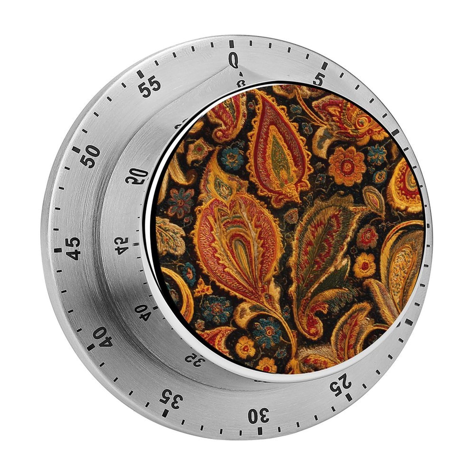 Vintage Paisley Floral Mechanical Timer with Alarm for Kitchen Cooking Productivity Stainless Steel Timers