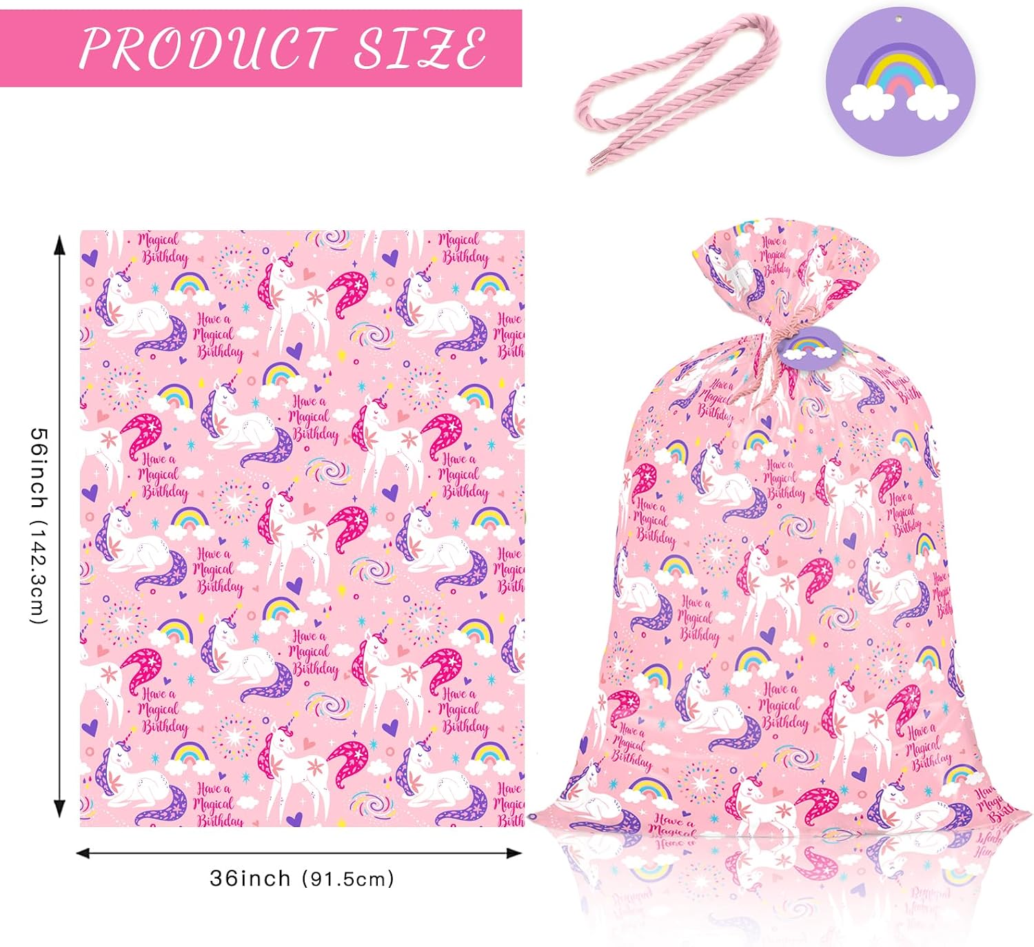 WRAPAHOLIC 56" Extra Large Pink Unicorn Birthday Gift Bag - Have a Magical Birthday Jumbo Bike Bag Gift Wrap for Girls, Baby Shower, Party, Holiday - 56" H x 36" W