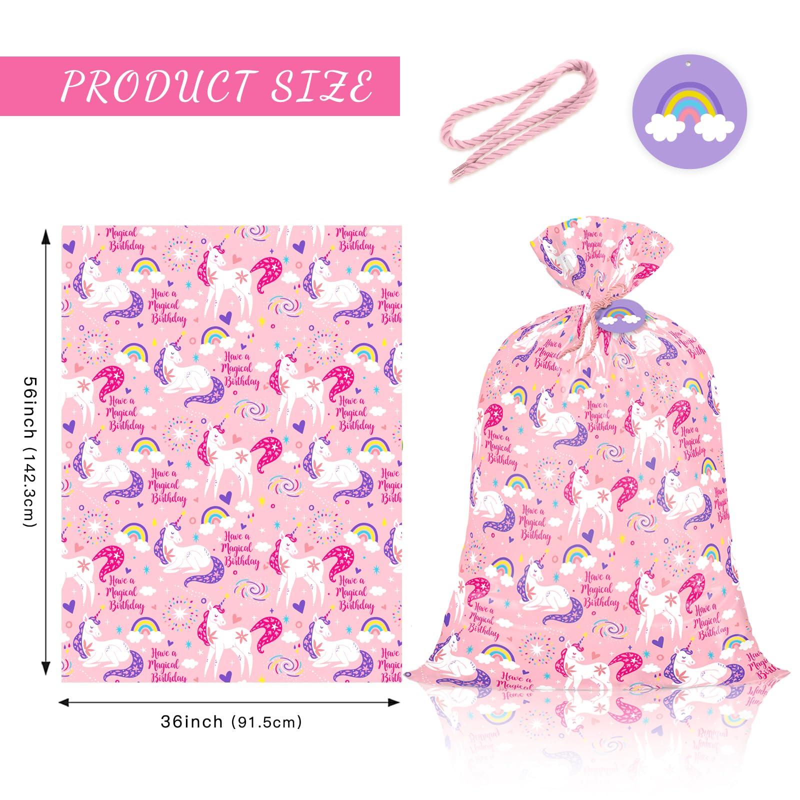 WRAPAHOLIC 56" Extra Large Pink Unicorn Birthday Gift Bag - Have a Magical Birthday Jumbo Bike Bag Gift Wrap for Girls, Baby Shower, Party, Holiday - 56" H x 36" W