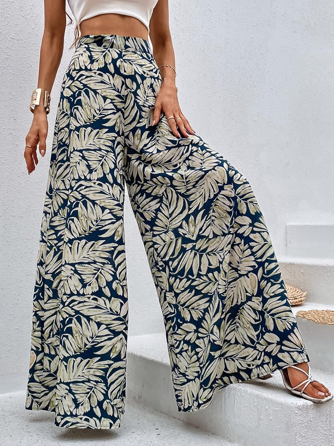 WDIRARA Women's Tropical Print High Waist Wide Leg Pants Boho Palazzo Pants - Image 3