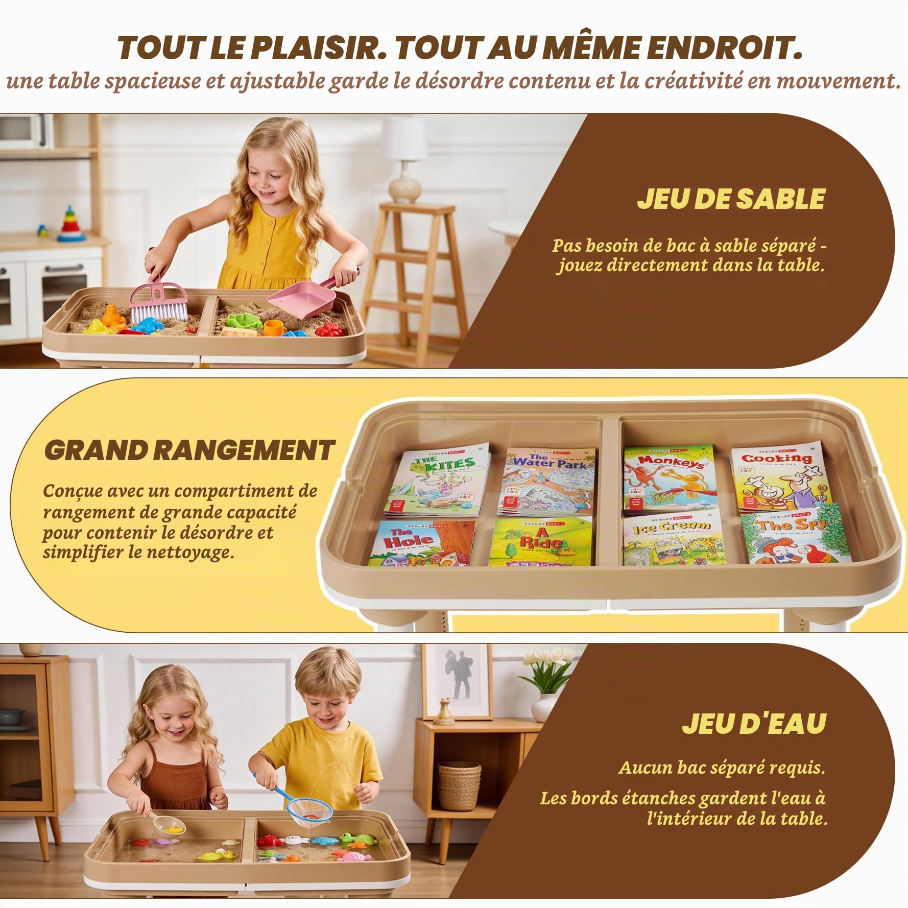 6 en 1 Table pour Enfant avec Chaises, Exploration Sensorielle, Réglable en Hauteur, Table d’Eau et de Sable, pour Dessiner et Étudier
