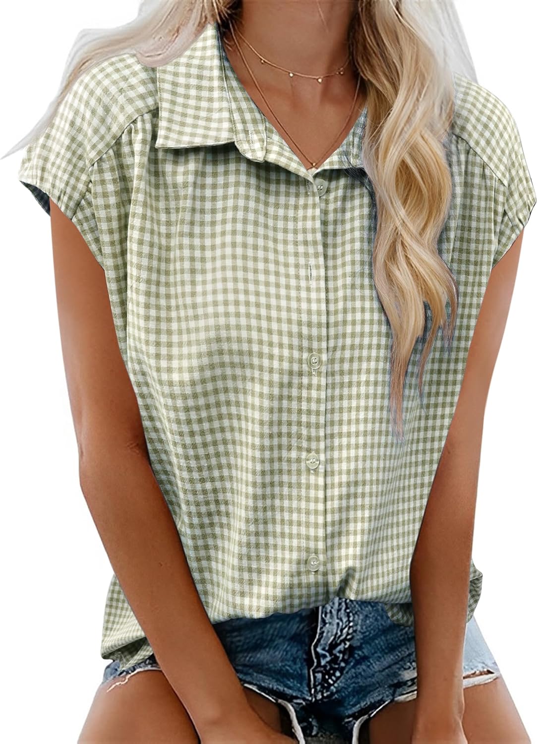 LOMON Womens Button Down Shirts Short Cap Sleeve Summer Cotton V Neck Collared Stripes Blouses Casual Plaid Tops