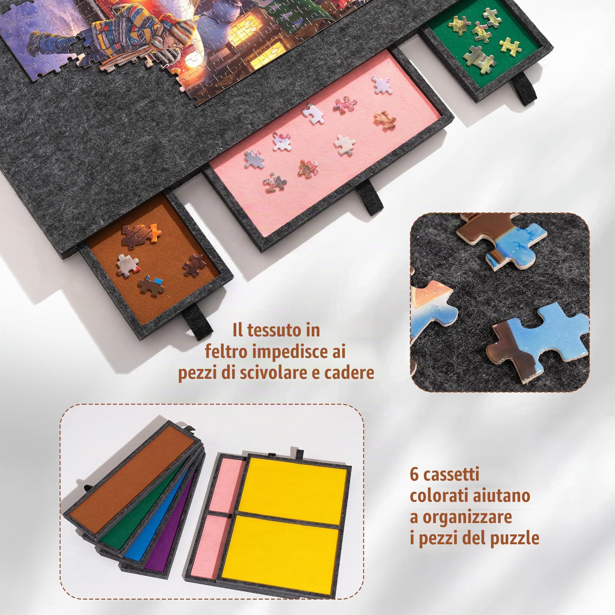 Tektalk Tavola puzzle pieghevole con 6 cassetti colorati, tavolo puzzle portatile per adulti, super leggero in feltro con coperchio, per riporre 1500, 1000, 500 pezzi di puzzle