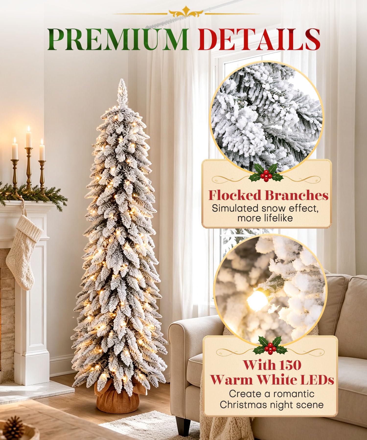 Yorbay Sapin de Noël Artificiel 150cm avec Neige: Sapin Slim en PVC avec Éclairage LED et Socle en Ciment – Décoration de Noël pour la Maison Bureau Commerce