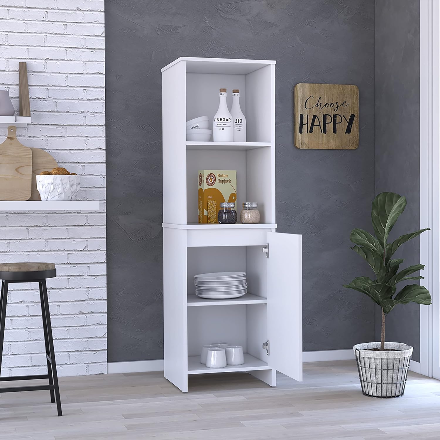 Kitchen Pantry with Two External Shelves, Single Door, Two Interior Shelves, Modern Design, Storage Solution, White, 17.7" x 15.7" x 15.7"