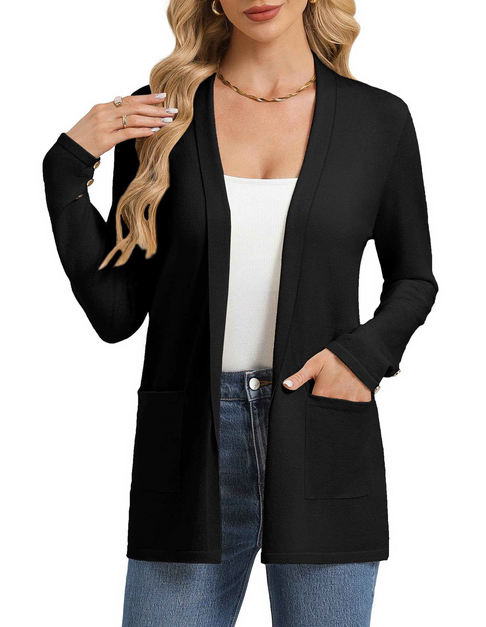 GRACE KARIN Cardigan léger d'été élégant à revers de couleur unie ouvert sur le devant et manches longues pour femme
