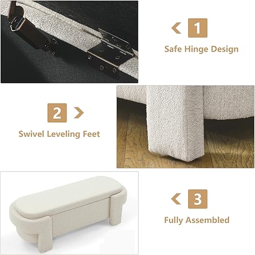 Miniatura 11 de Banco otomano ovalado de almacenamiento para dormitorio, de 51.5 pulgadas de largo, banco de entrada tapizado de felpilla con patas giratorias,