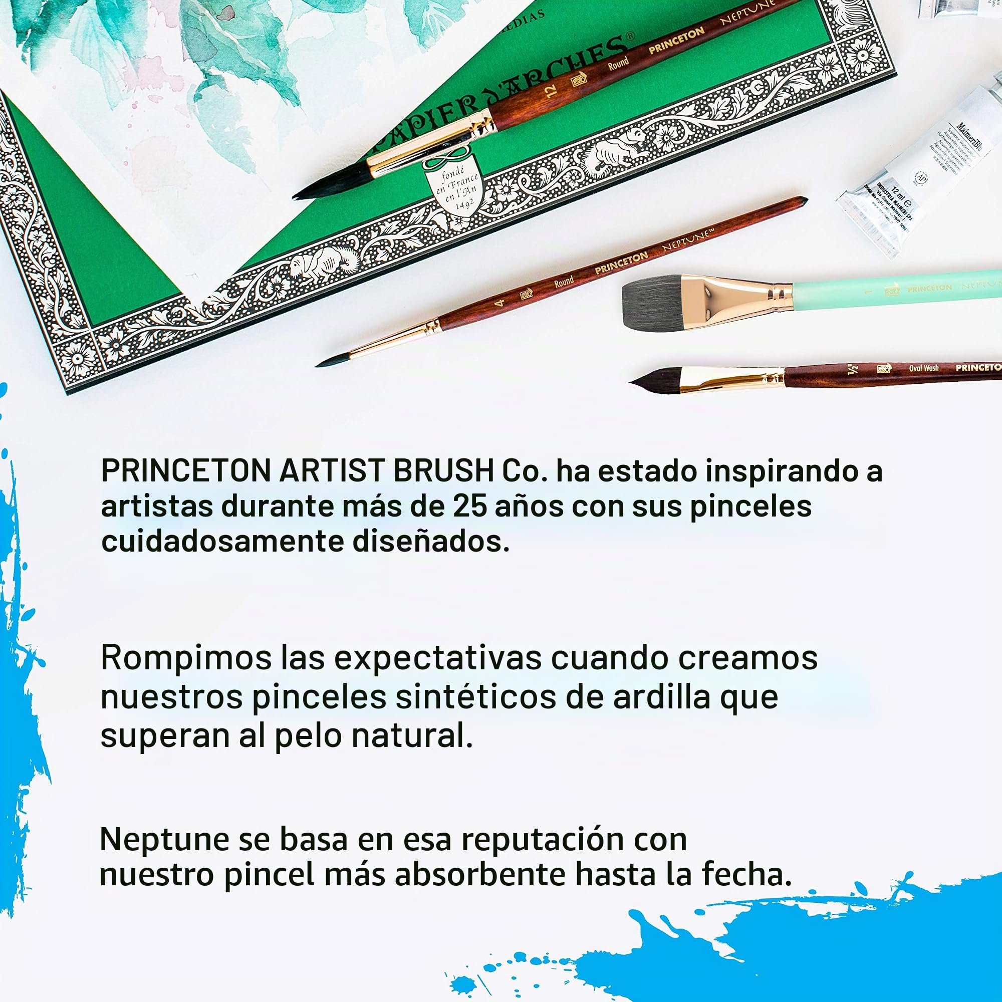 PRINCETON Neptune, Pinceles para acuarela de bellas artes, Ardilla sintética, Set de 4 pinceles, mango corto, Funda de plástico, 4 unidades