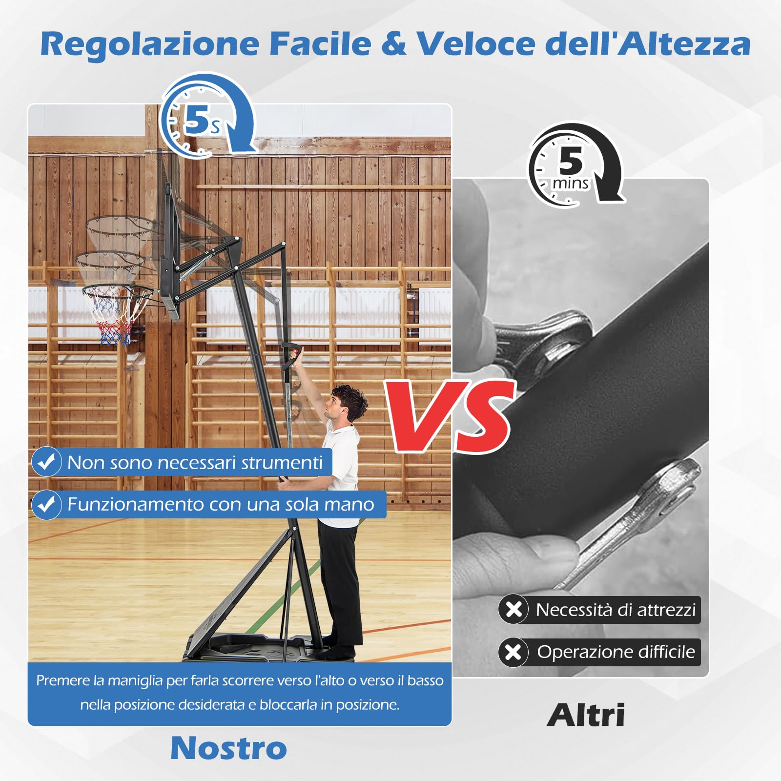 COSTWAY Canestro da Basket per Adulti, Canestro da Basket da Esterno ed Interno Regolabile 150-365 cm con Tabellone in PC, Ruote, Asta e Base Riempibile