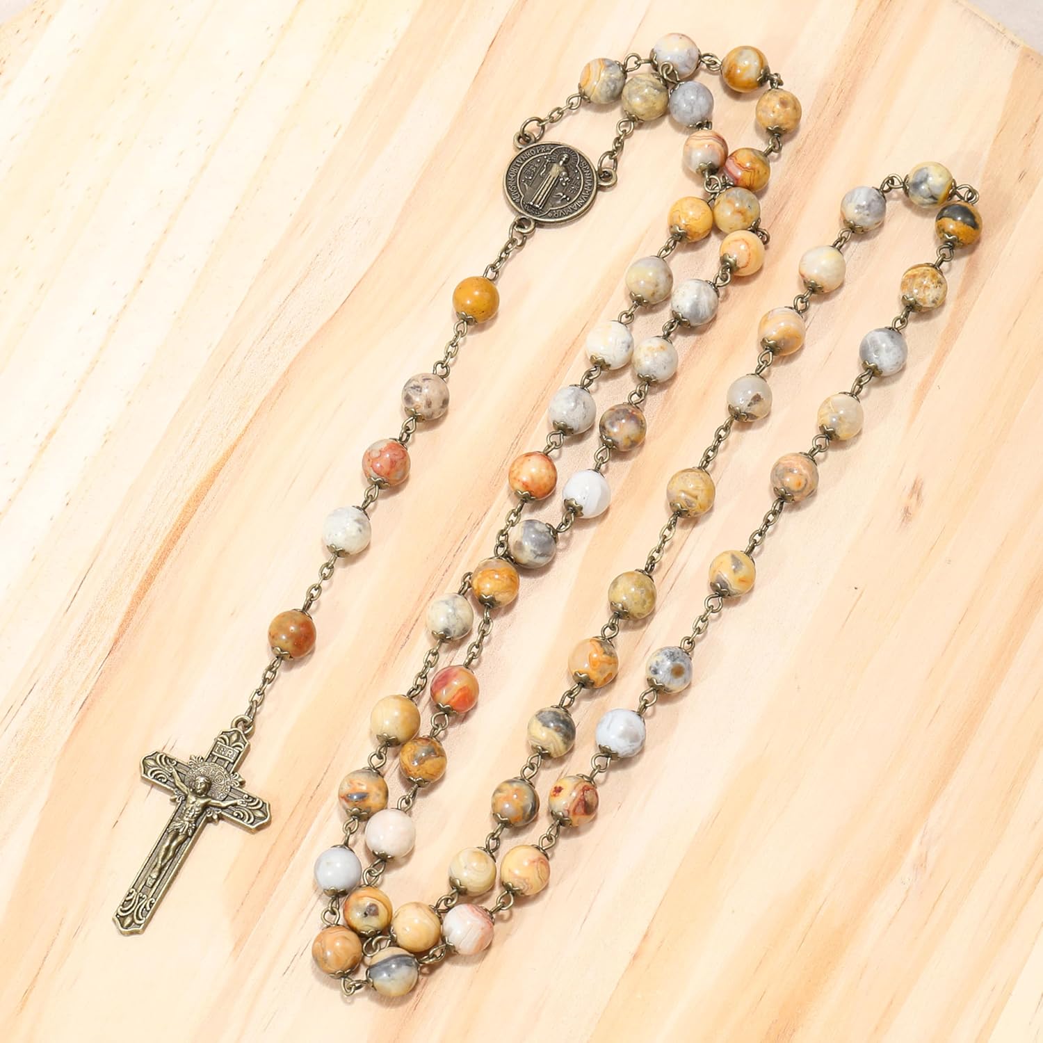 Nazareth Store Antique Bronze Rosary Necklace Genuine 8mm Stone Beads with St. Benedict Cross and Medal - Image 6