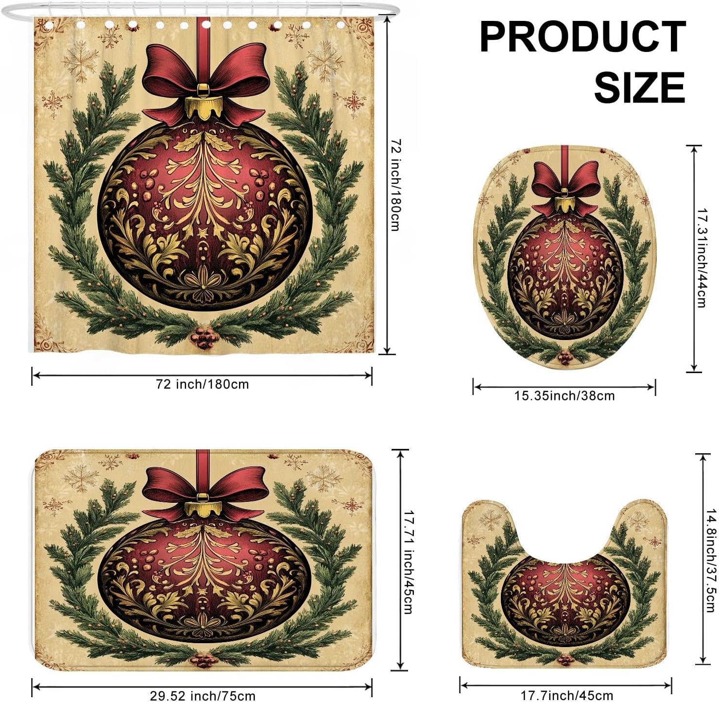 4PCS Vintage Merry Christmas Balls Bathroom Sets with Non-Slip Rug, U Shape Toilet Lid Cover Mat, Aesthetic Retro Xmas Bathroom Decoration 72''x72''