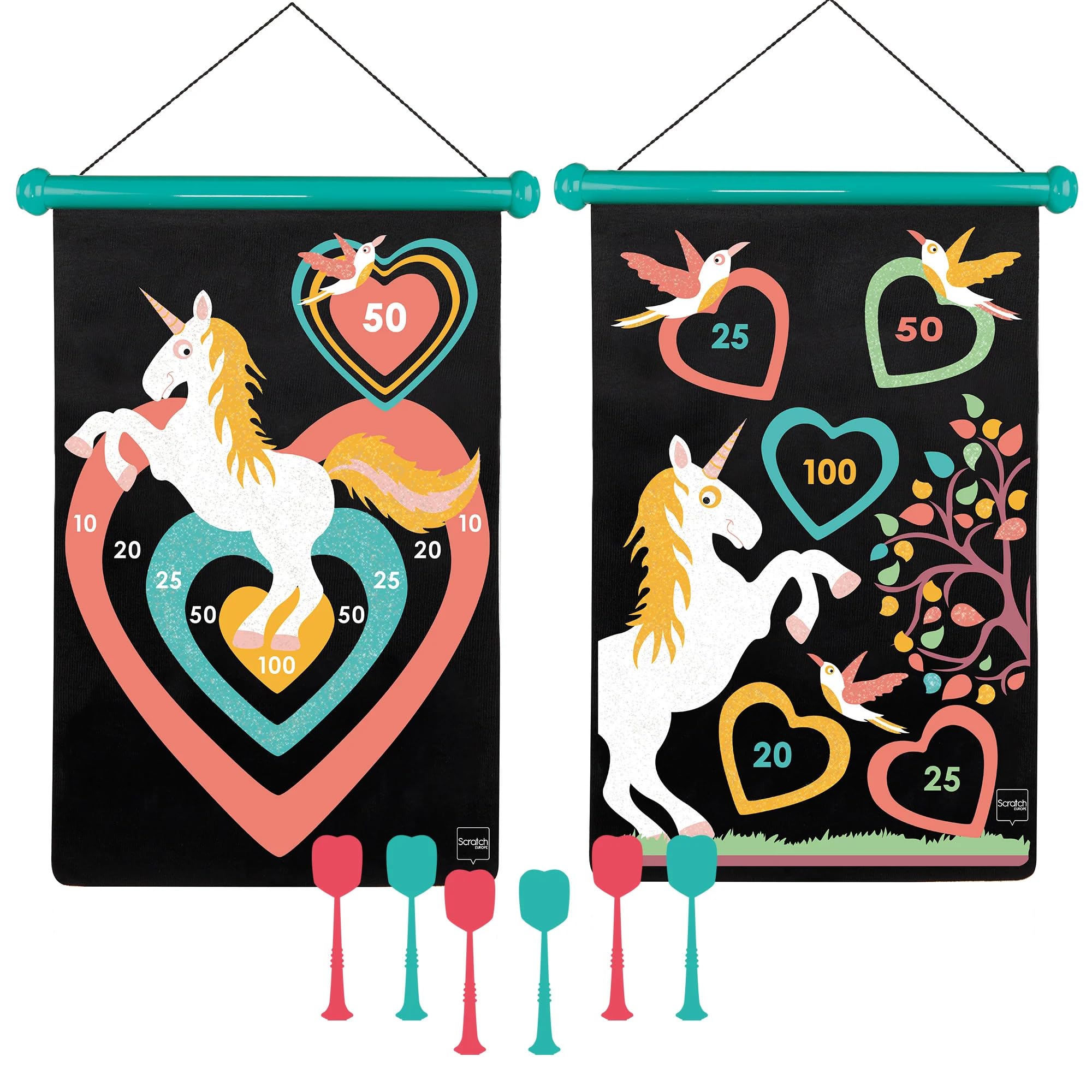 Scratch - Children's Game with Dartboard and Throwing Arrows - Board Game for Girls and Boys from 3 Years Old - Plastic Dart Point - Unicorn Theme