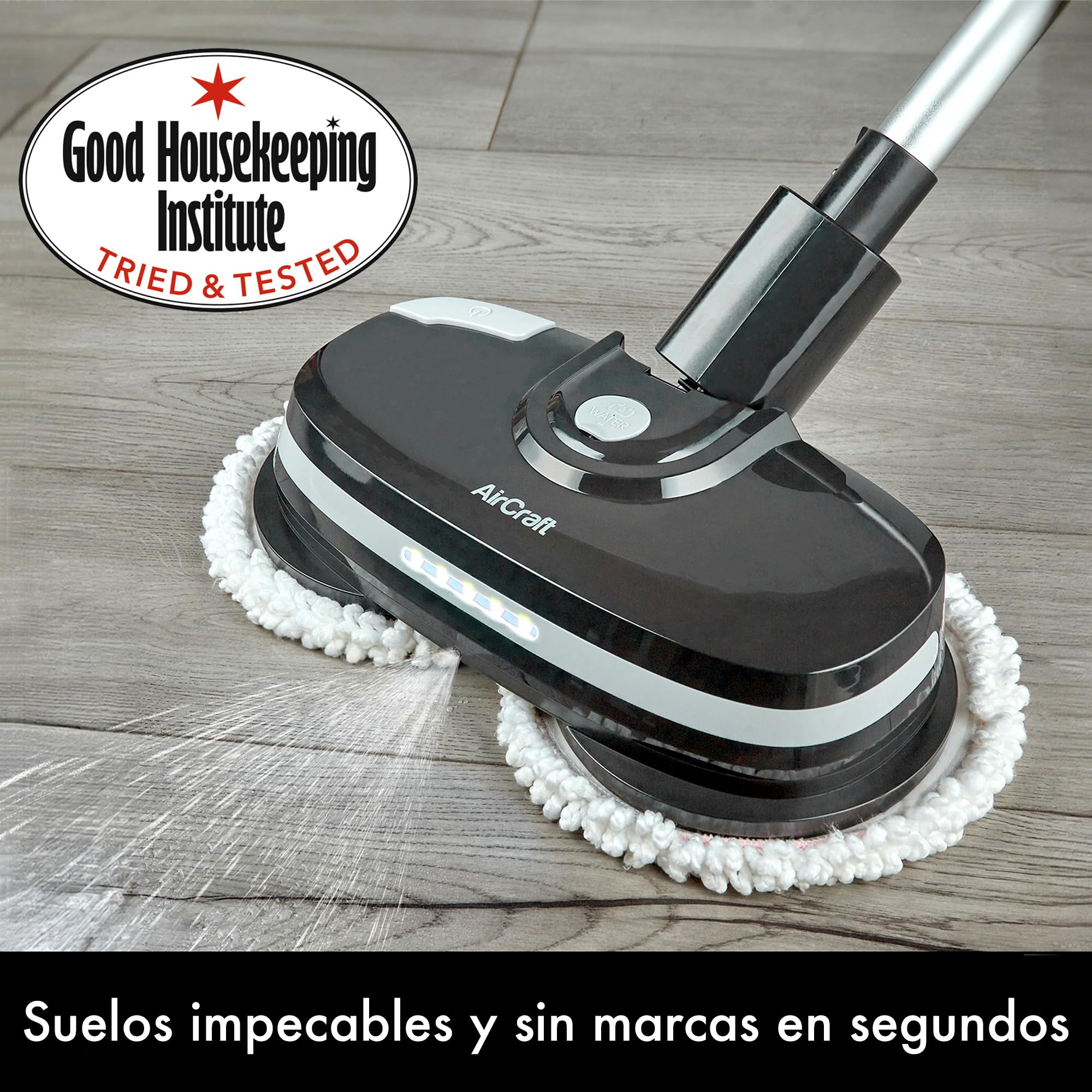 AirCraft Home, PowerGlide Limpiador y Pulidor de Suelos Duros Inalámbrico con 8 Almohadillas, Batería Recargable para Madera, Baldosas, Terrazo y Laminado