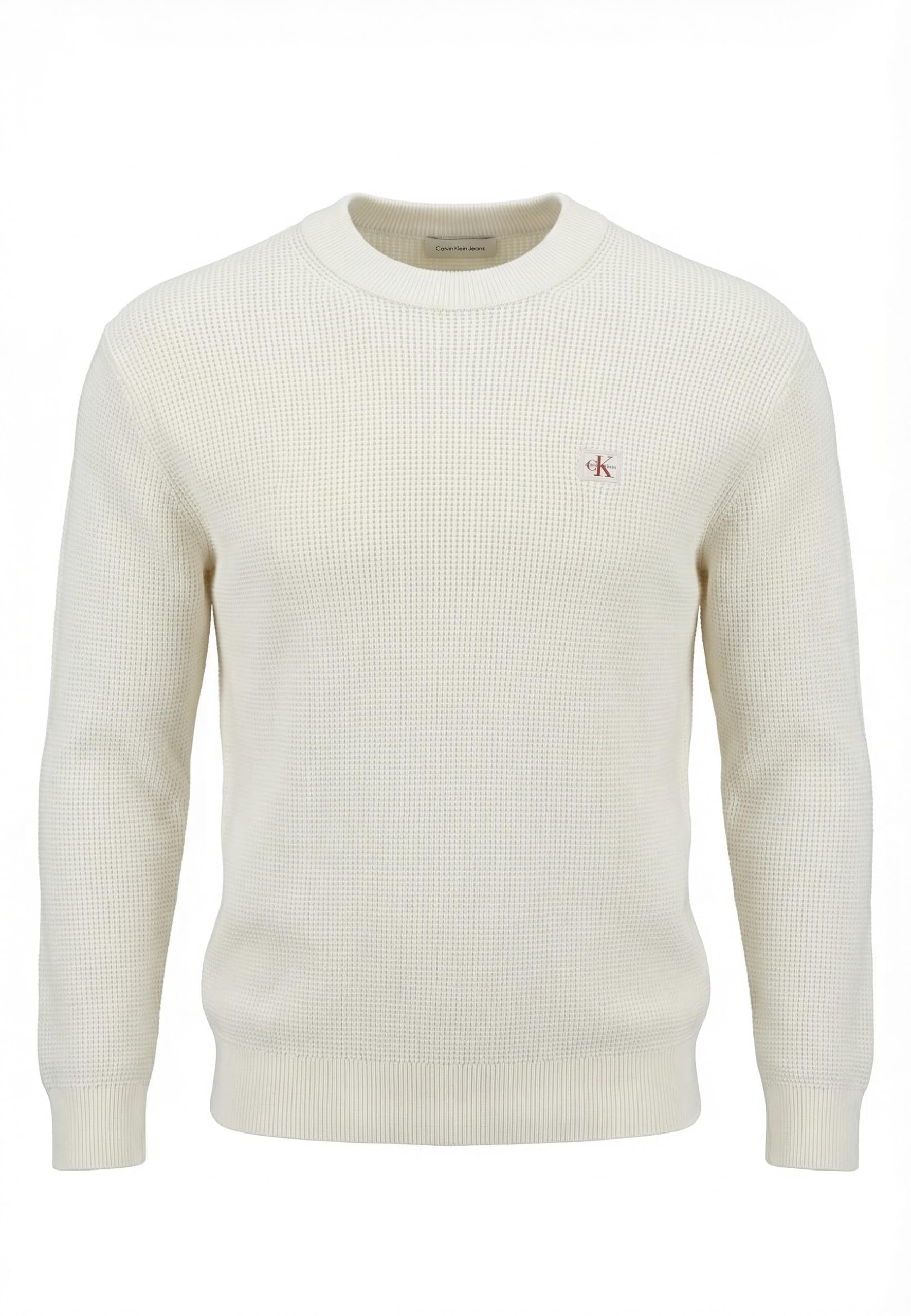 Calvin Klein Jeans Men's Beige Round-Neck Knitwear, L, Ls Ez Cotton Waffle